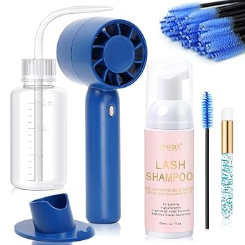 EMEDA Lash Shampoo Kit 2.02 Fl.oz Lash Cleaning Kit with Fan Blue | Dryer/Brush/Rinse Bottle, Oil-free Cleanser Wash for Extensions & Clusters & Natural Lashes, Cleaner for Eyelash CareBlue