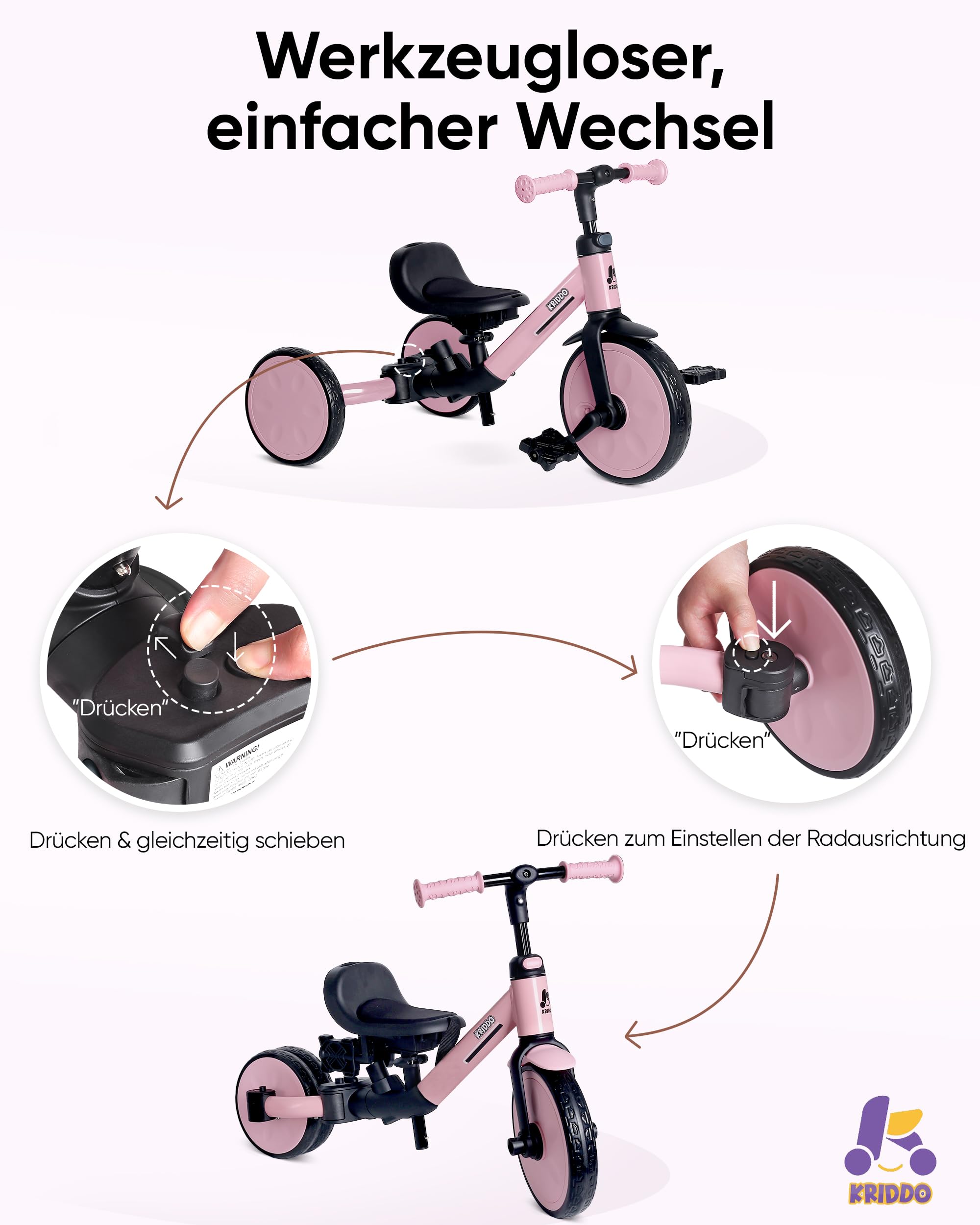 KRIDDO 7-in-1 Kinderdreirad für 1,5–5 Jahre, umwandelbares Baby-Dreirad mit Schubstange, Lenkdreirad & Laufrad, 3-Punkt-Gurt und Aufbewahrungstasche, für Jungen und Mädchen, Rosa