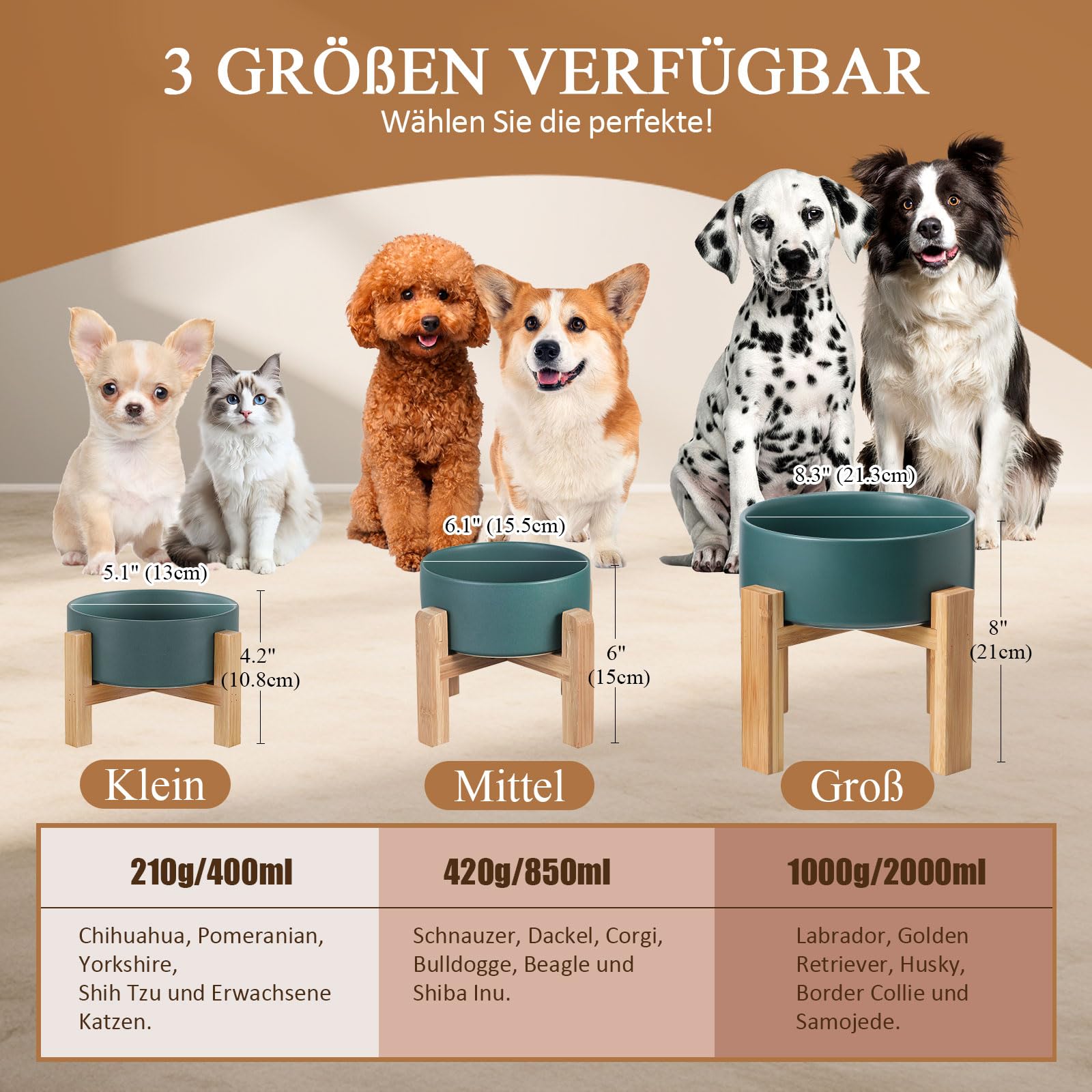 Hoch Keramik Hund Futternapf mit Bambus Ständer - Hundefressnapf und Wassernapf futterstation - Extra große Kapazität Haustier Futternapf-1800 ML - Schwerer Hundenapf für Grosse Hunde