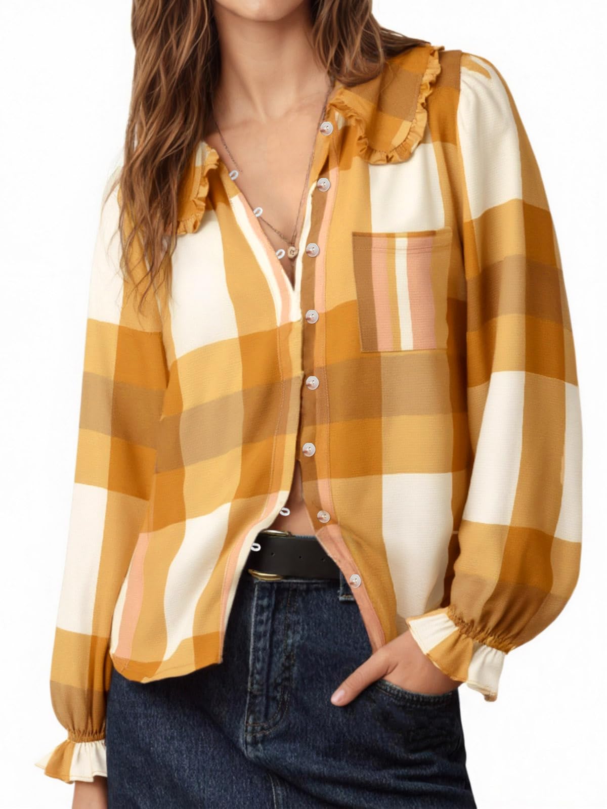Tankaneo Camicetta da donna a maniche lunghe con colletto alla Peter Pan, a quadri, elegante, casual, autunnale