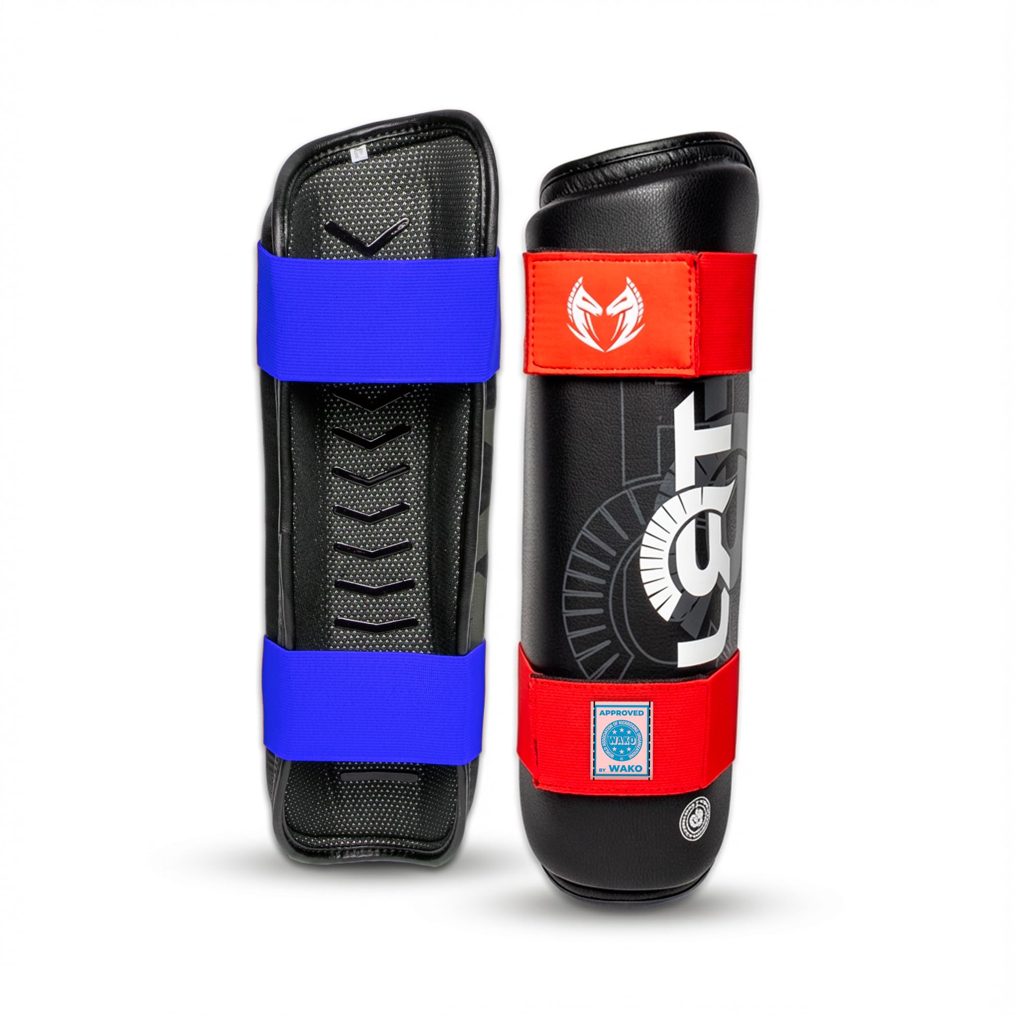 TRJ Fight EcoLine Parastinchi WAKO Approvati, Paratibia Anatomico con Certificazione DPI, Stampa Silicone Antiscivolo, Doppi Strap per Kickboxing e Arti Marziali