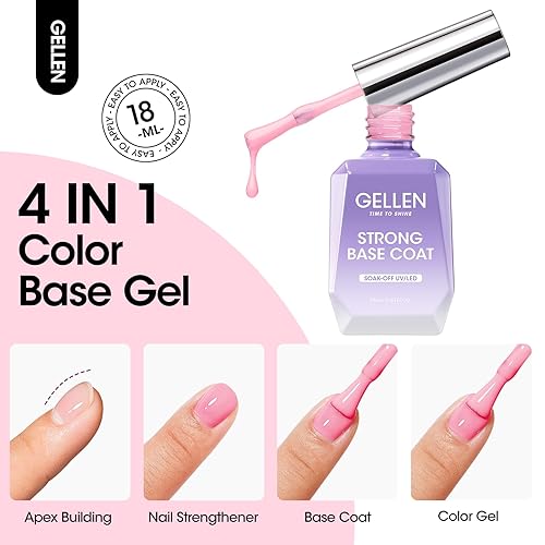 Miniatura 3 de Gellen Esmalte de gel base de goma, 0.7 onzas líquidas de gel para uñas, esmalte de uñas de gel de color rosa, capa base 4 en 1, gel fortalecedor de