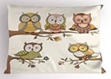 Ambesonne Owl Lover Pillow Sham, Ornamental Birds Sitting on Tree Branches Big Eyes Nocturnal Pastel Deaitls, Decorative Standard King Size Printed Pillowcase, 36