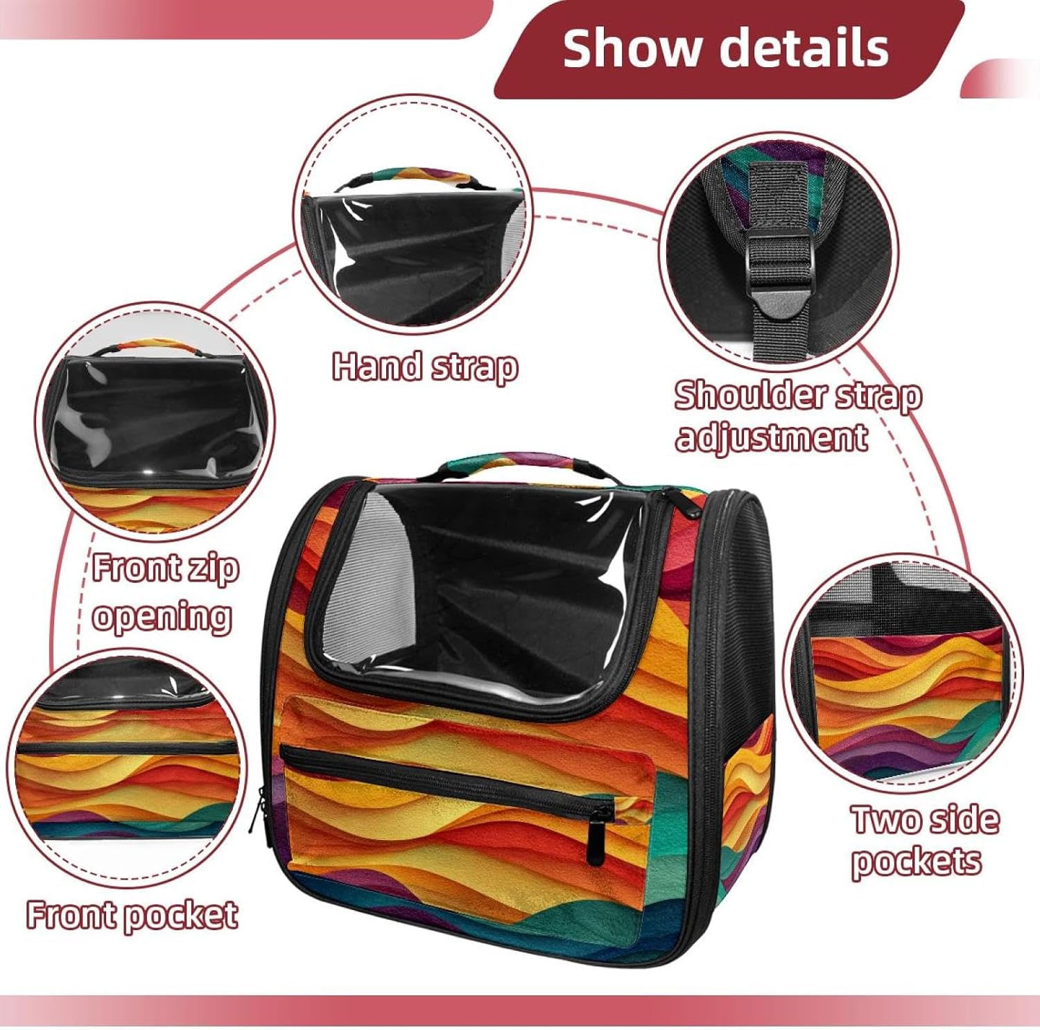 Colorful Wavy Pattern Rainbow (3) Pet Carrier Airline Approved Soft Sided Portable Cozy Travel Pet Bag, Car Seat Safe Carrier for Cats and Dogs