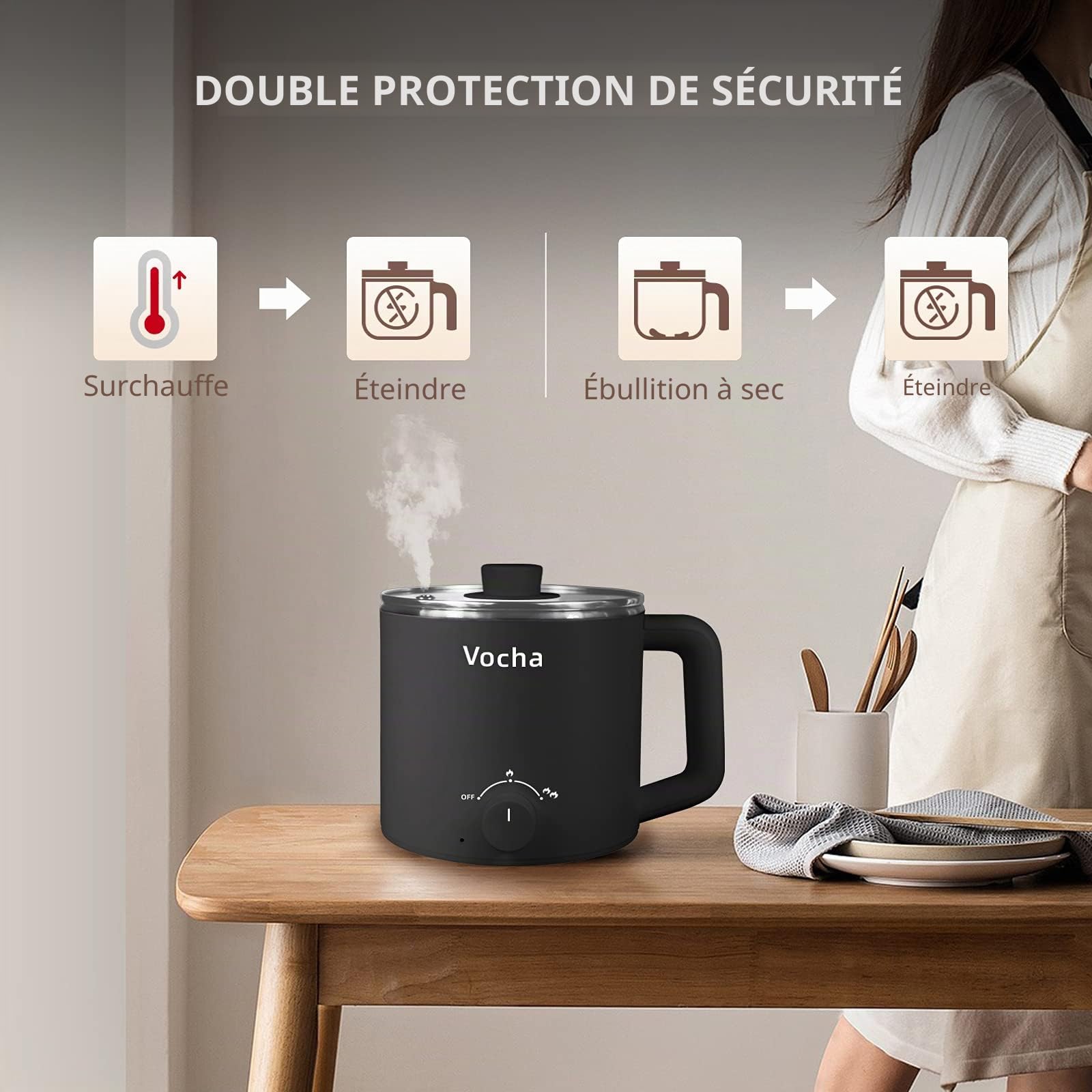 Vocha Multicuiseur Electrique, petite marmite électrique en acier inoxydable 1,6 L, hot pot électrique portable pour chambre d'étudiant/studio/hôtel/camping/bureau - Noir