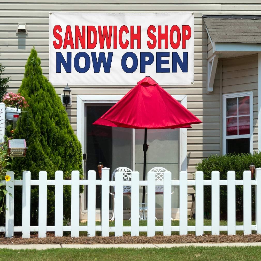 Vinyl Banner Multiple Sizes Sandwich Shop Now Open Red Blue Food Bar Restaurant Truck Business Outdoor Weatherproof Industrial Yard Signs 4 Grommets 16x40Inches