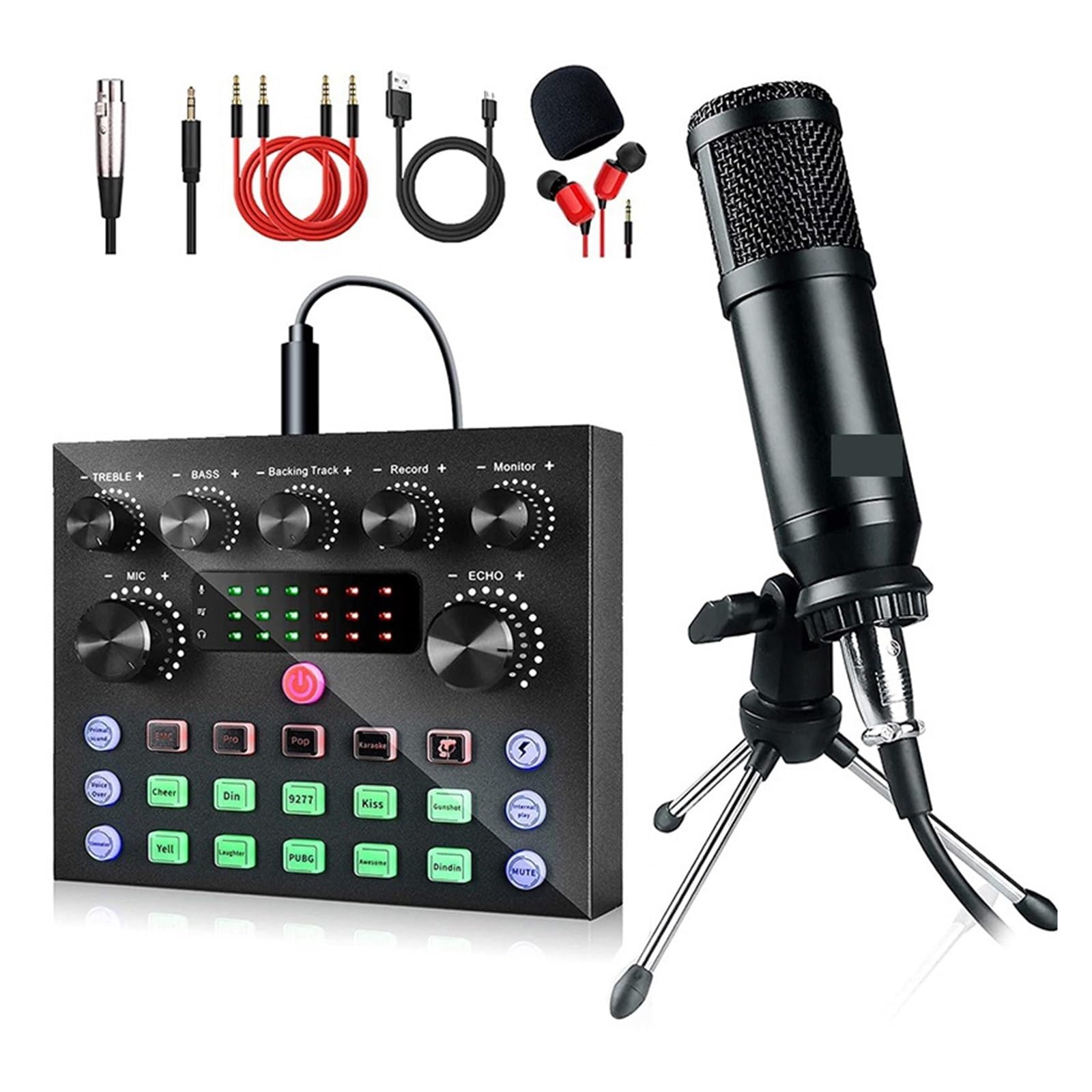 Zestaw kart dźwiękowych, Zestaw mikrofonu pojemnościowego z mikser audio do przesyłania strumieniowego, mikrofon zmieniający głos do zestawu sprzętu do podcastów na żywo, karaoke