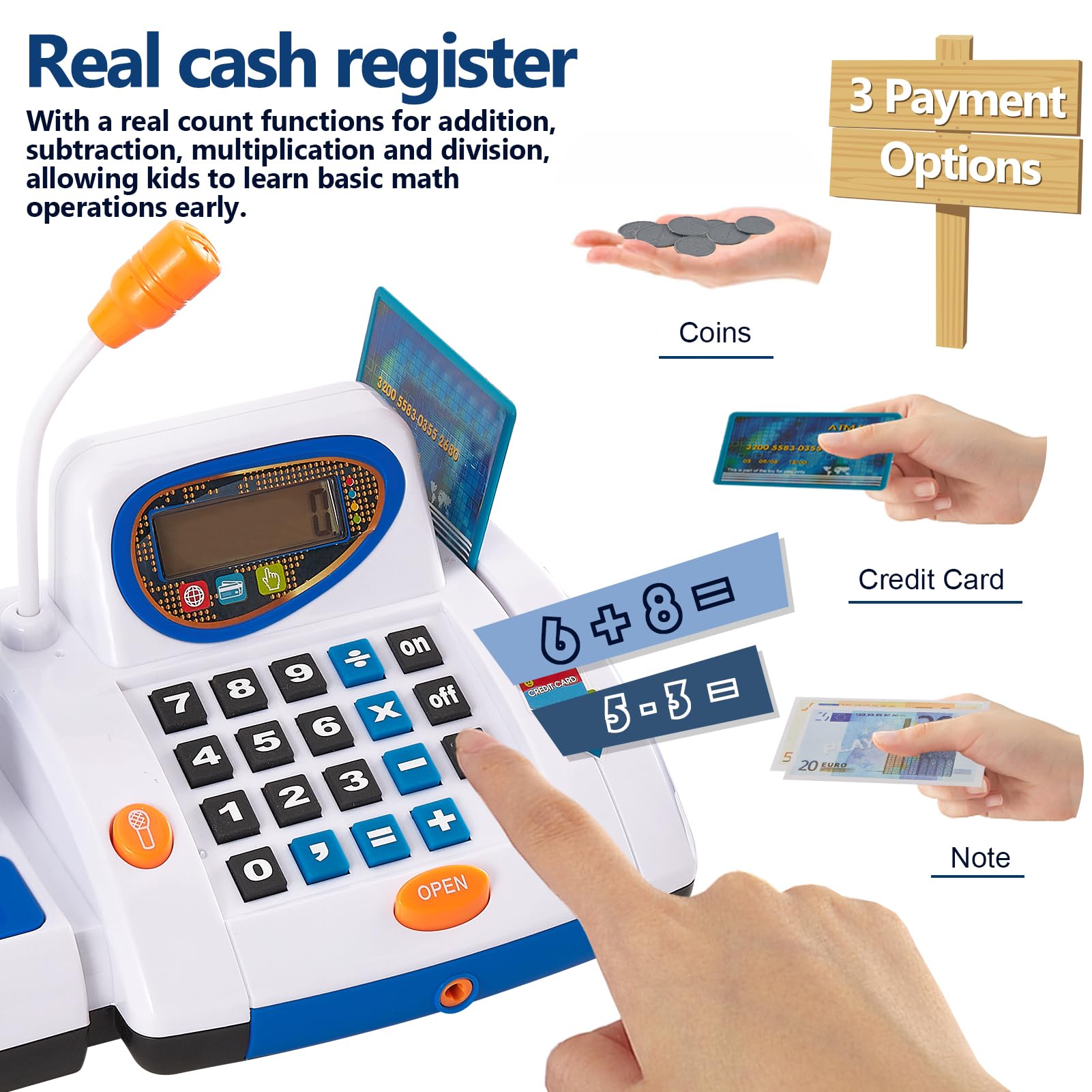 HERSITY Grande Registratore di Cassa Bambini con Scanner Microfono, Supermercato Giocattolo Cibo Finto Giochi di Imitazione, Regalo Compleanno per Bambina 3 4 5 Anni