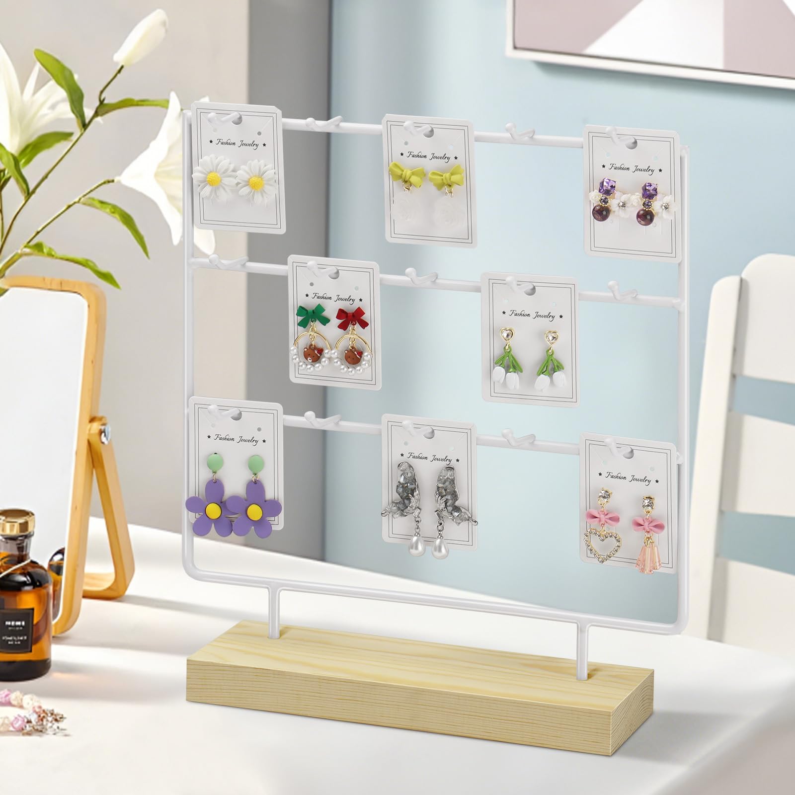Organizador Pendientes, Metal Colgador Pendientes, Expositor Pendientes con Base de Madera (3 Niveles, 15 Ganchos, Blanco)