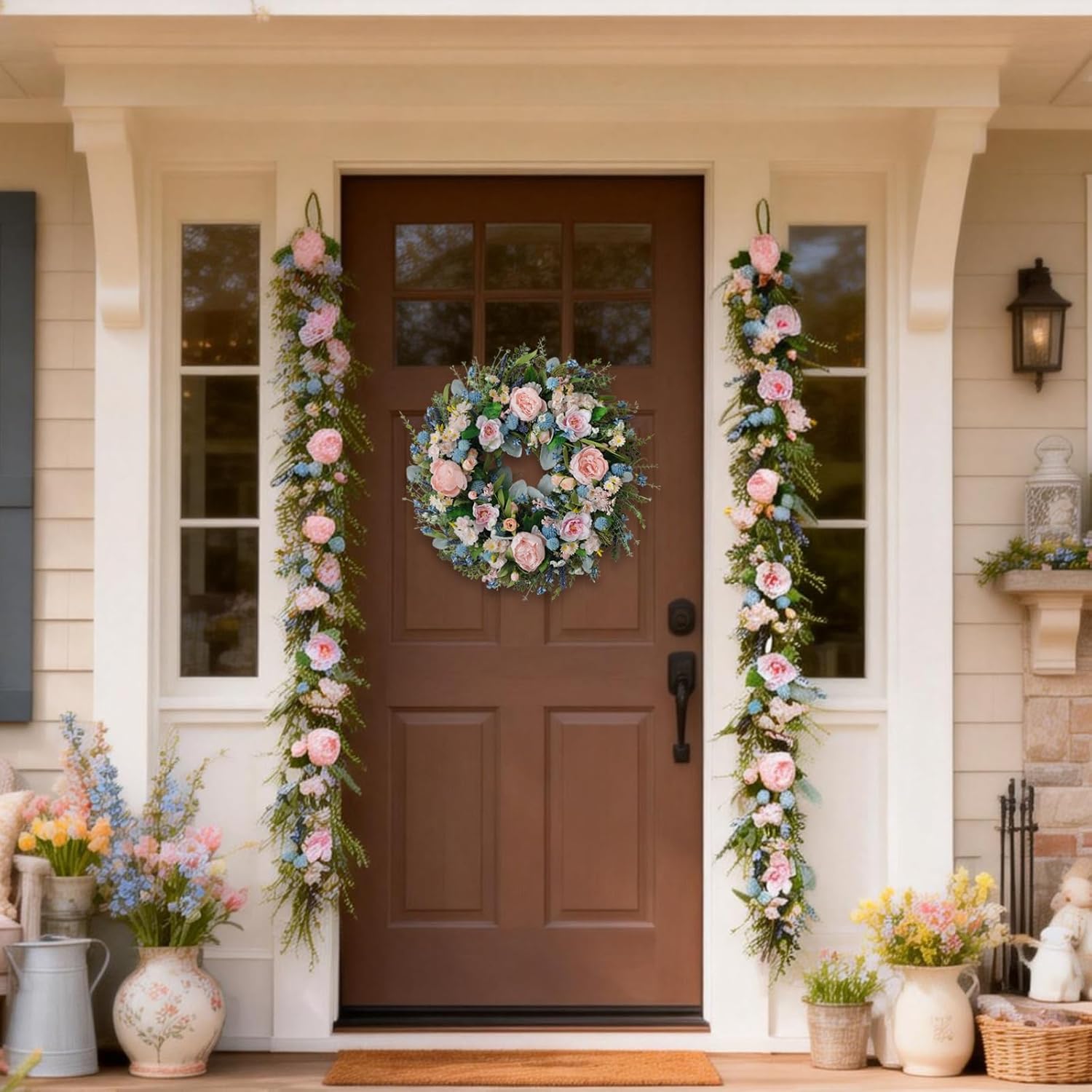 70 Inch Spring Garland, Pink Peony & Blue Daisy Artificial Garlands with Lavender & Eucalyptus,Flower Garland for Wedding Arch Mantel Table Front Door Window Home Decor