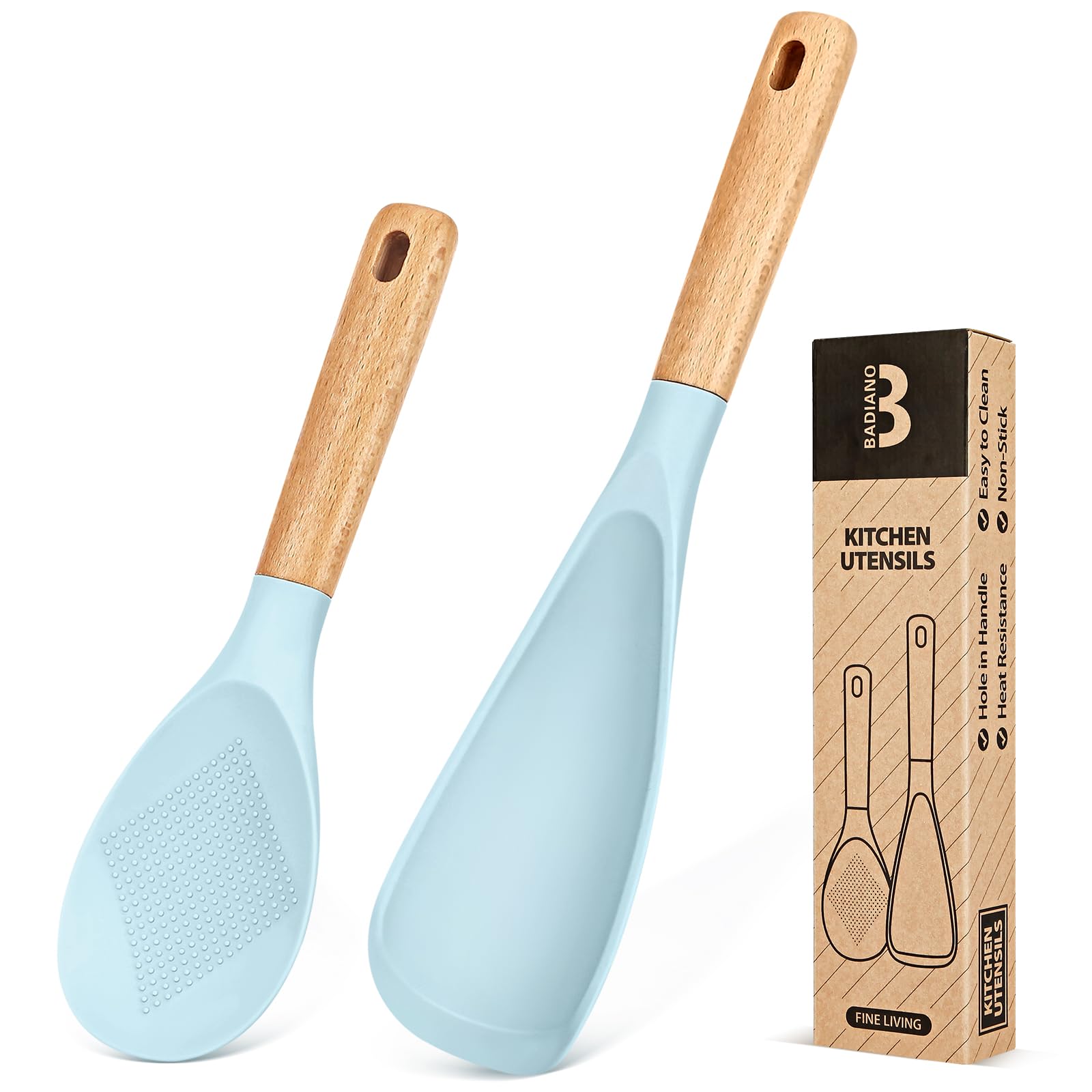 Cooking Spoon and Rice Scooper for Nonstick Cookwares, Great for Cooking and Serving Sturdy BPA-Free Matte Silicone, Wood Handle Spoon for Mixing,