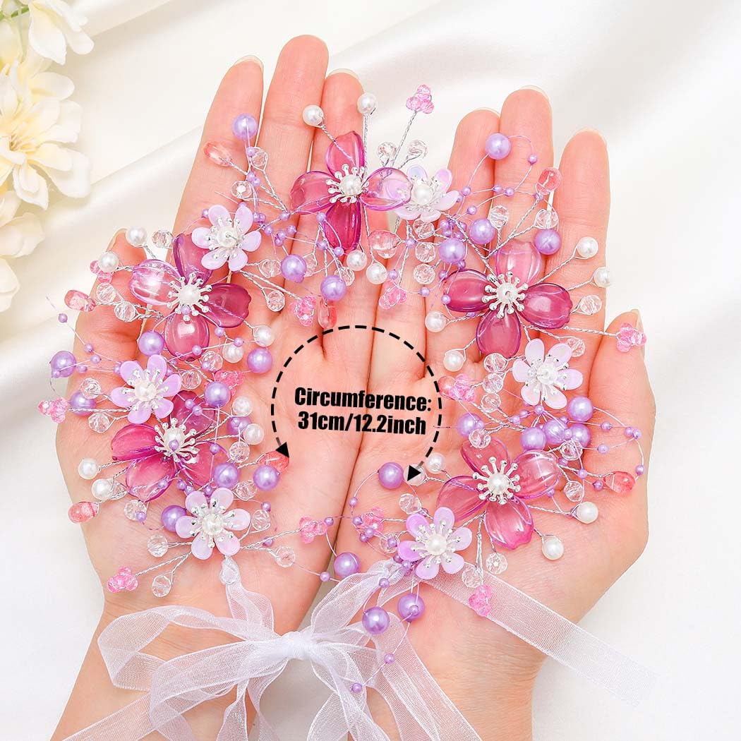 Campsis Flower Girls Hair Accessory Purple Floral Headpiece Pearl Wedding Bridal Headband for Women image 2