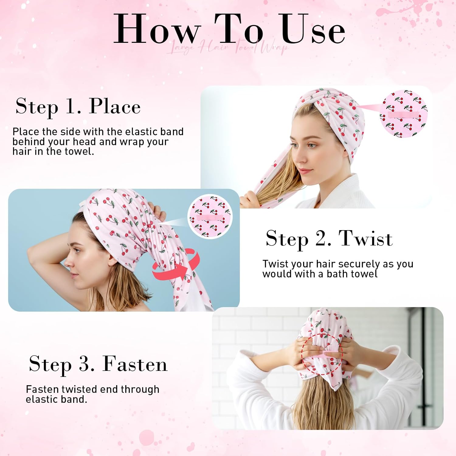 Hahafelt 2 Pack Large Microfiber Hair Towels, 23" x 40" Absorbent Quick Dry Microfiber Towel for Wet Curly Long Short Hair Women Gift for Weeding Home Recreation Beach Yoga(Cute)