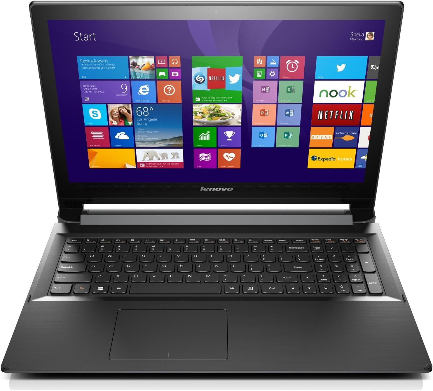 Top-down view of the Lenovo Flex 2 keyboard and multi-touch touchpad.
