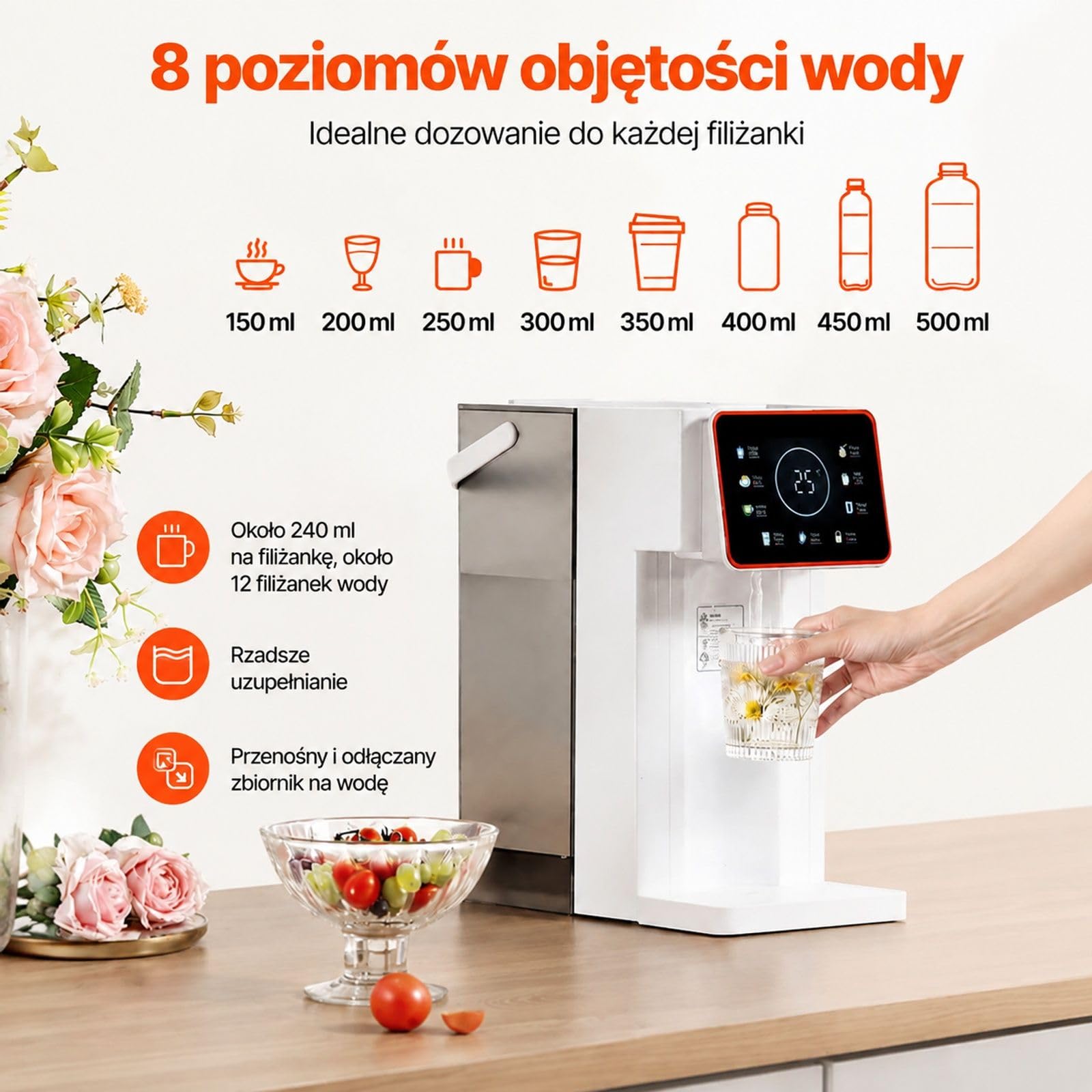 Natychmiastowy dozownik gorącej wody na blat z wyjmowanym zbiornikiem 3 l, 6 regulowanymi temperaturami, 8 objętościami wody i ekranem dotykowym do domu
