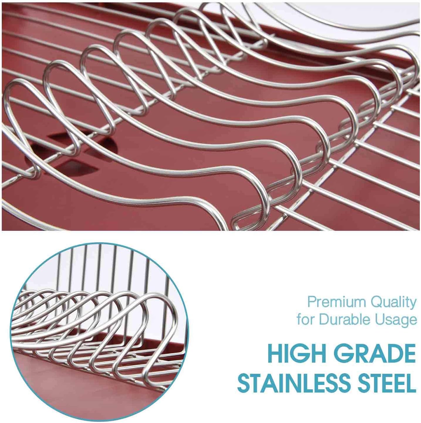 TOOLF Stainless Steel Dish Drying Rack, Dish Rack with Anti-Rust Frame, Optional 2 Direction Spout Drain Board Design, Removable & Large 4 Compartment Utensil Holder for Kitchen Countertop, Red