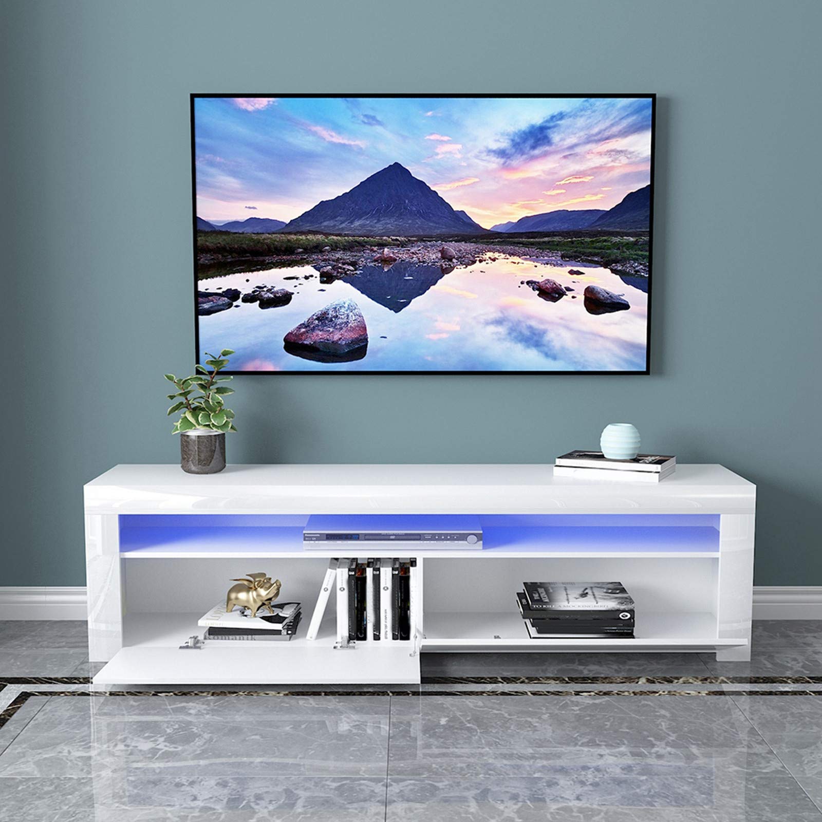 Modern White TV Stand with LED Lights, High Gloss TV Stand for 65 Inch