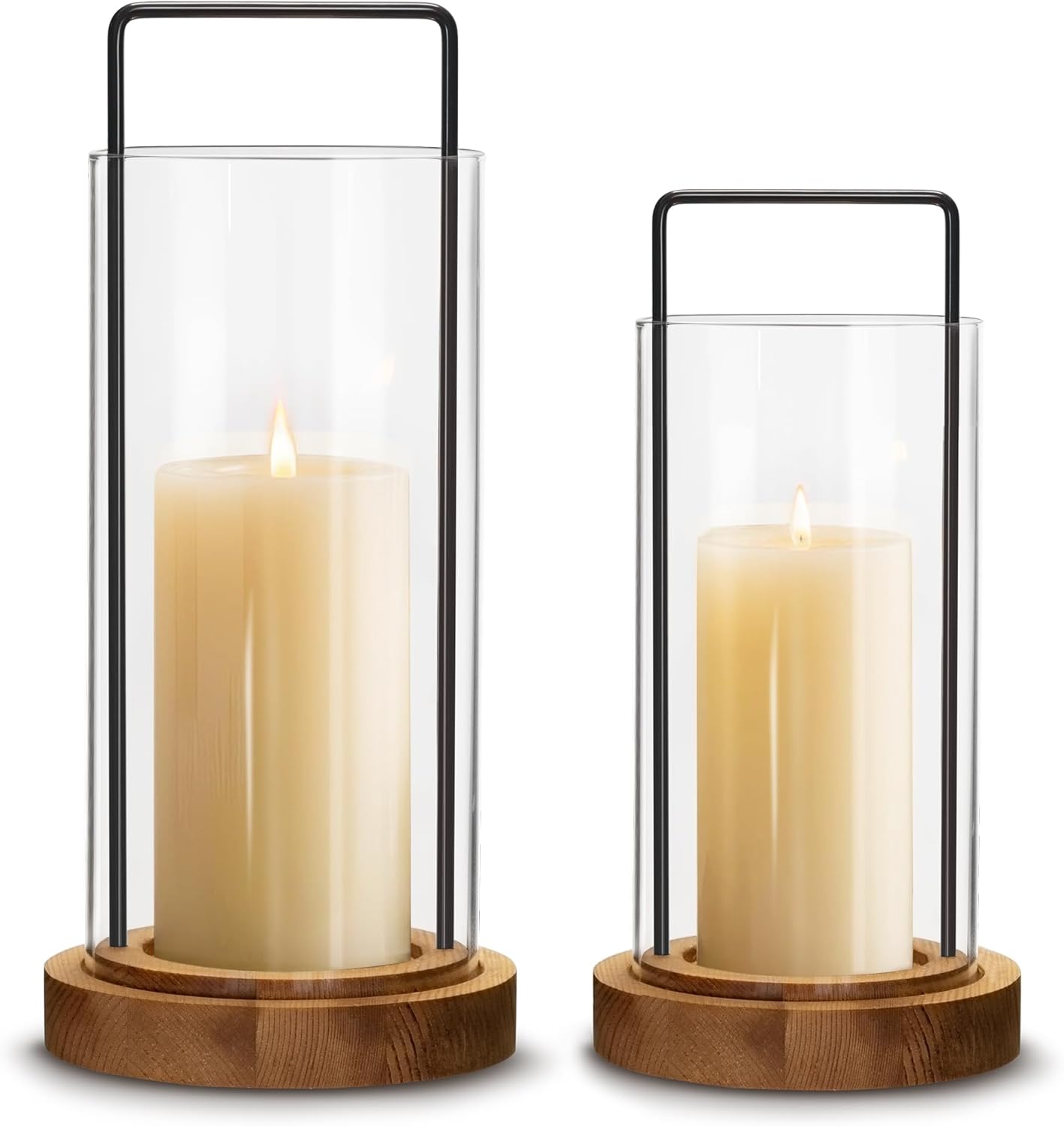 Houmury Set of 2 Hurricane Candle Holders Lantern 12” & 10”with Wood Base Metal Handle Glass Cylinder Modern Farmhouse Decor for Home Decoration, Table Centerpieces Brown