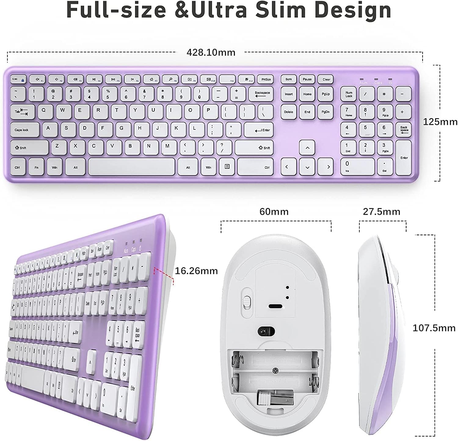 Wireless Keyboard and Mouse, 2.4GHz Ultra Thin Full Size Wireless Keyboard Mouse Combo Set with Number Pad for Computer Laptop PC Notebook Desktop Windows 7/8/10 - White & Purple