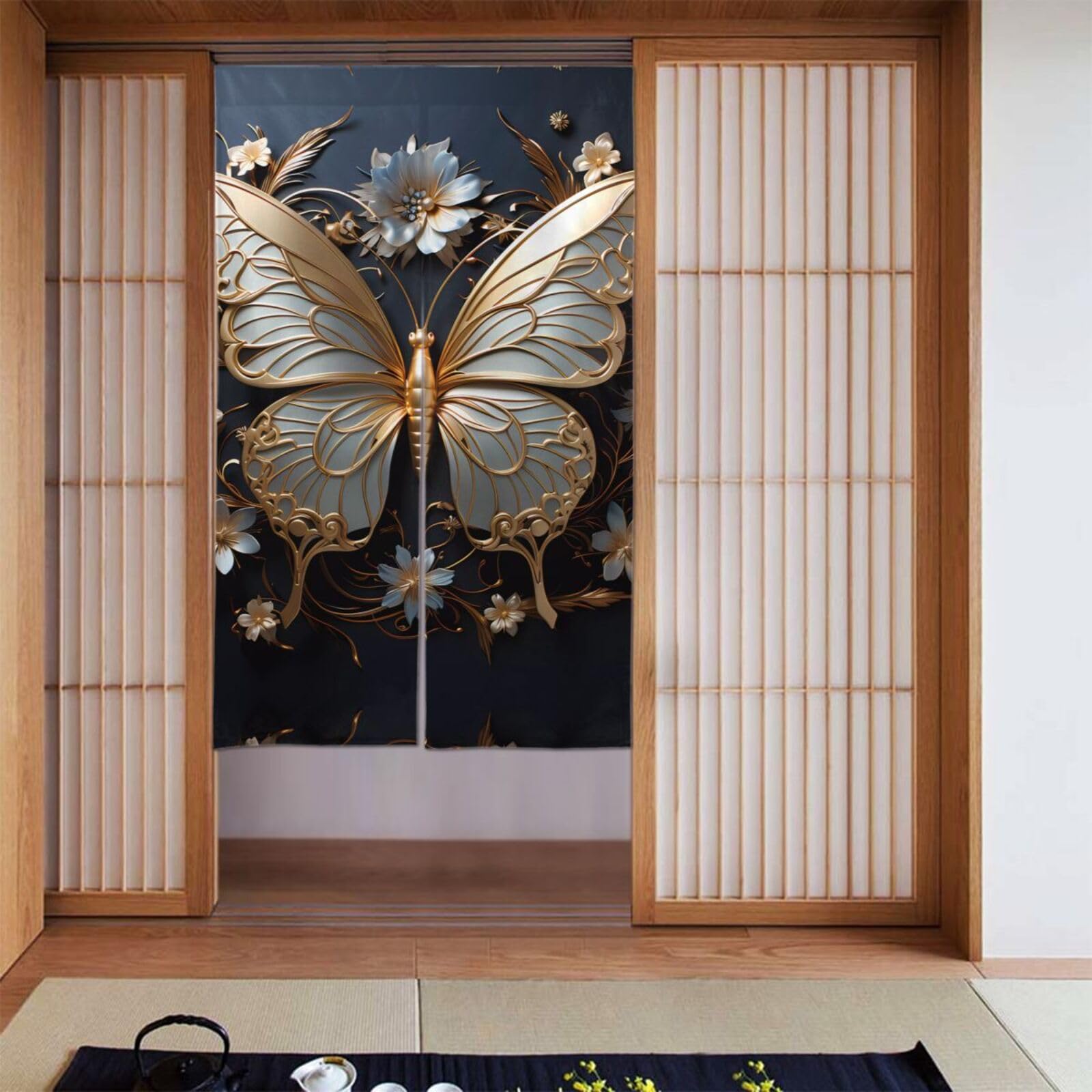 Rideau de porte papillons dorés pour séparer les pièces sans perdre de luminosité