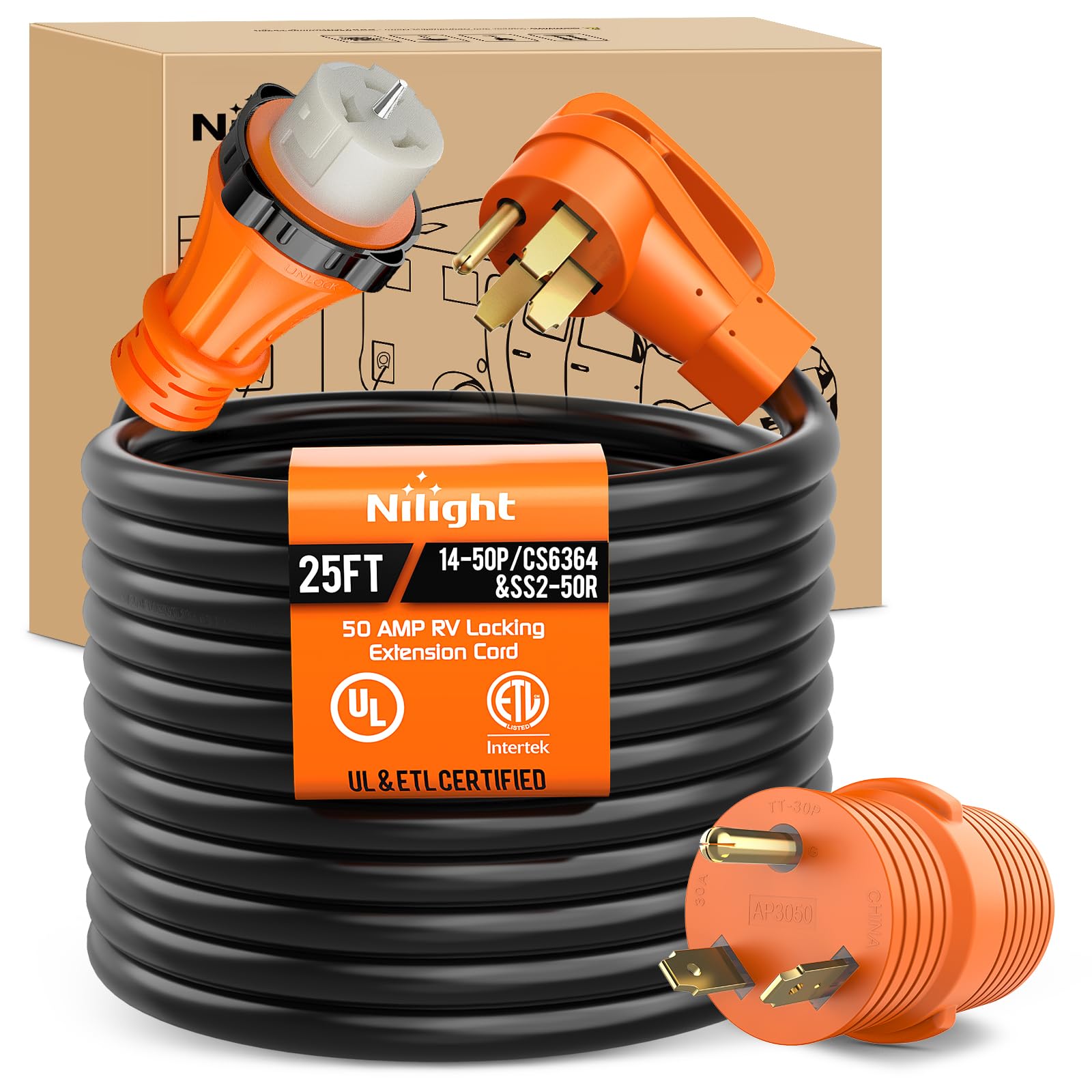 Nilight 25FT 50 Amp Generator Extension Cord 14-50P to SS2-50R &amp; CS6364