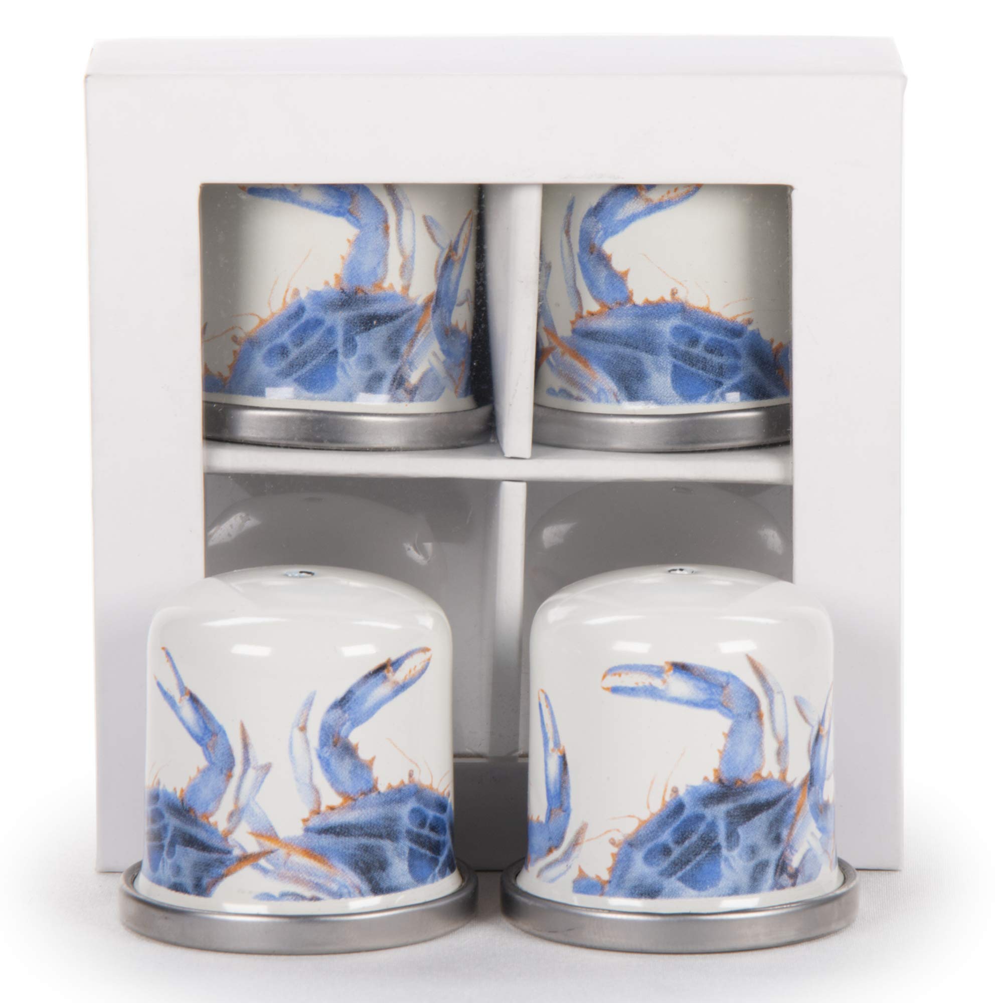 Salière et poivrière en émail motif crabe bleu table marine condiment cuisine
