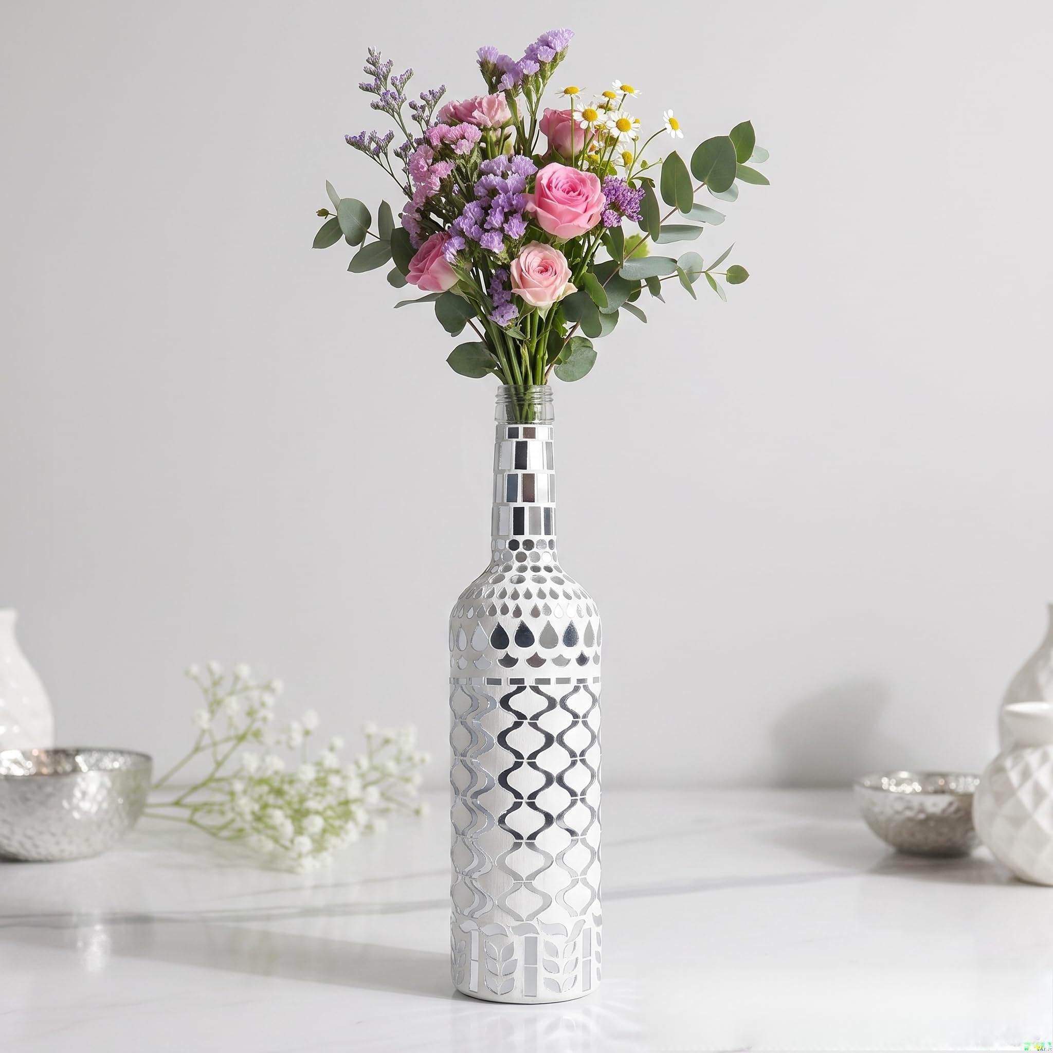Handcrafted Silver Glass Decorative Bottle (13 x 2 Inch) | Mirror Work Flower Vase & Home Décor Accent for Living Room, Table, Festive & Gifting-image-33