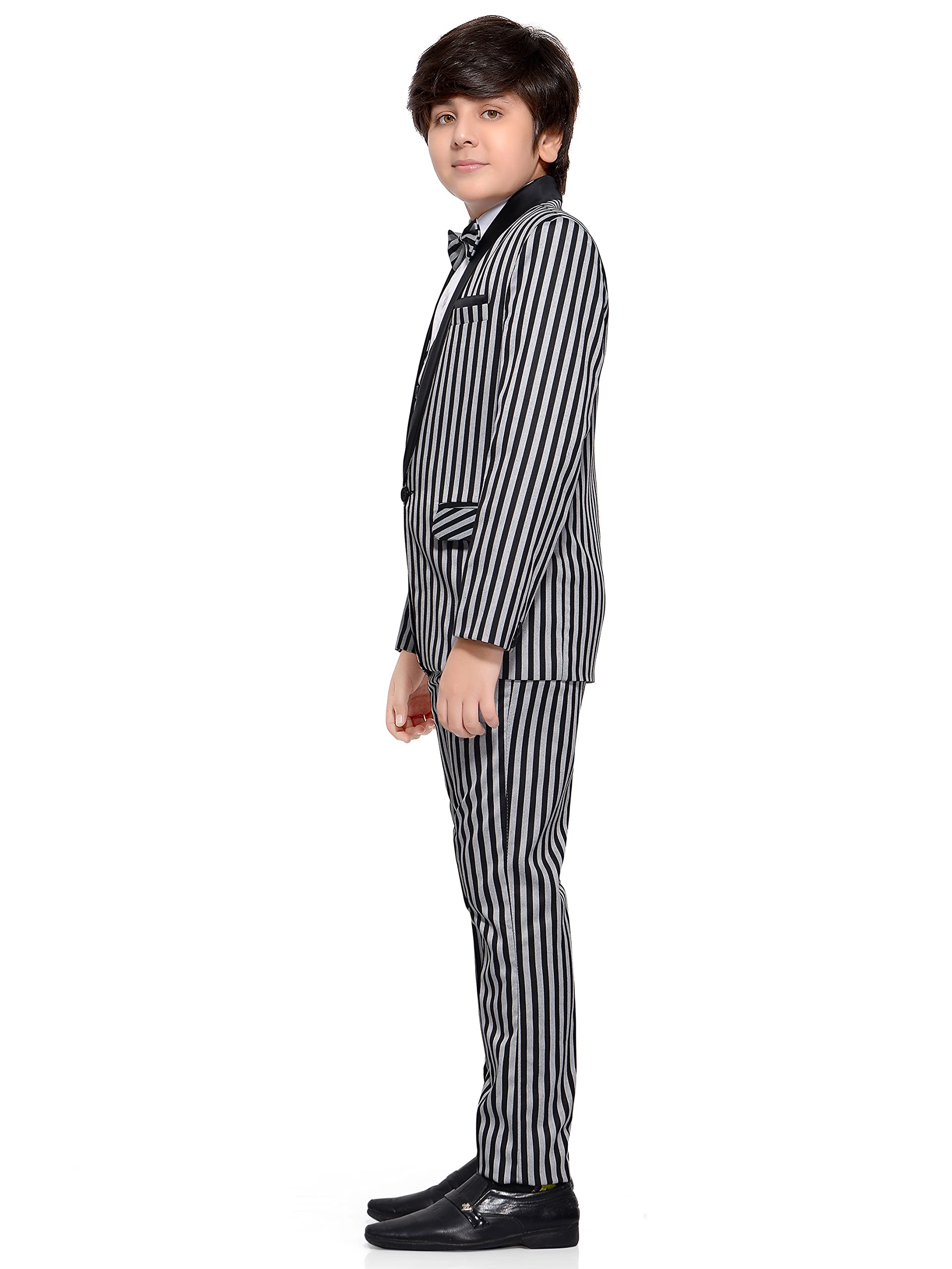 Jeetethnics Boys Black Striped Coat Suit Set with Waistcoat Shirt and Trousers (9080)