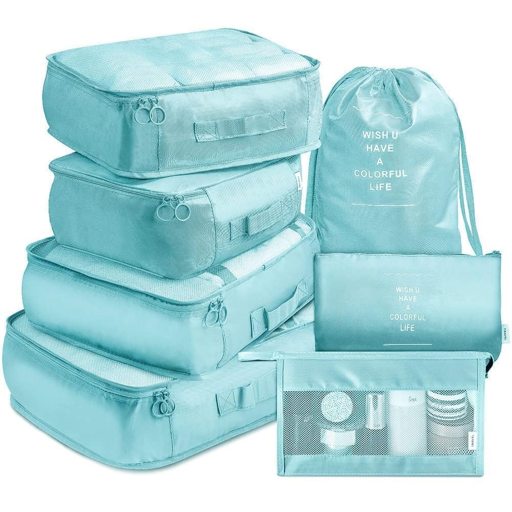 Sweet Reach 7 in1 Travel Organizer Set, Grey Waterproof Packing Cubes with Toiletry Pouch, Shoe Bag, Drawstring Pocket, Underwear Bag for Home, Business, Camping, Family Vacation (Blue)-image-19