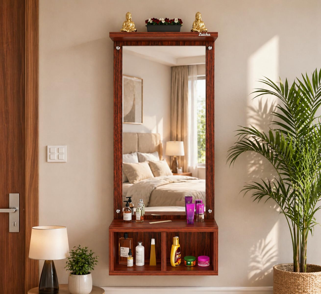 Wall-Mounted Dressing Table with Mirror and Storage Shelves, Walnut Finish, 37x81 cm-image-27