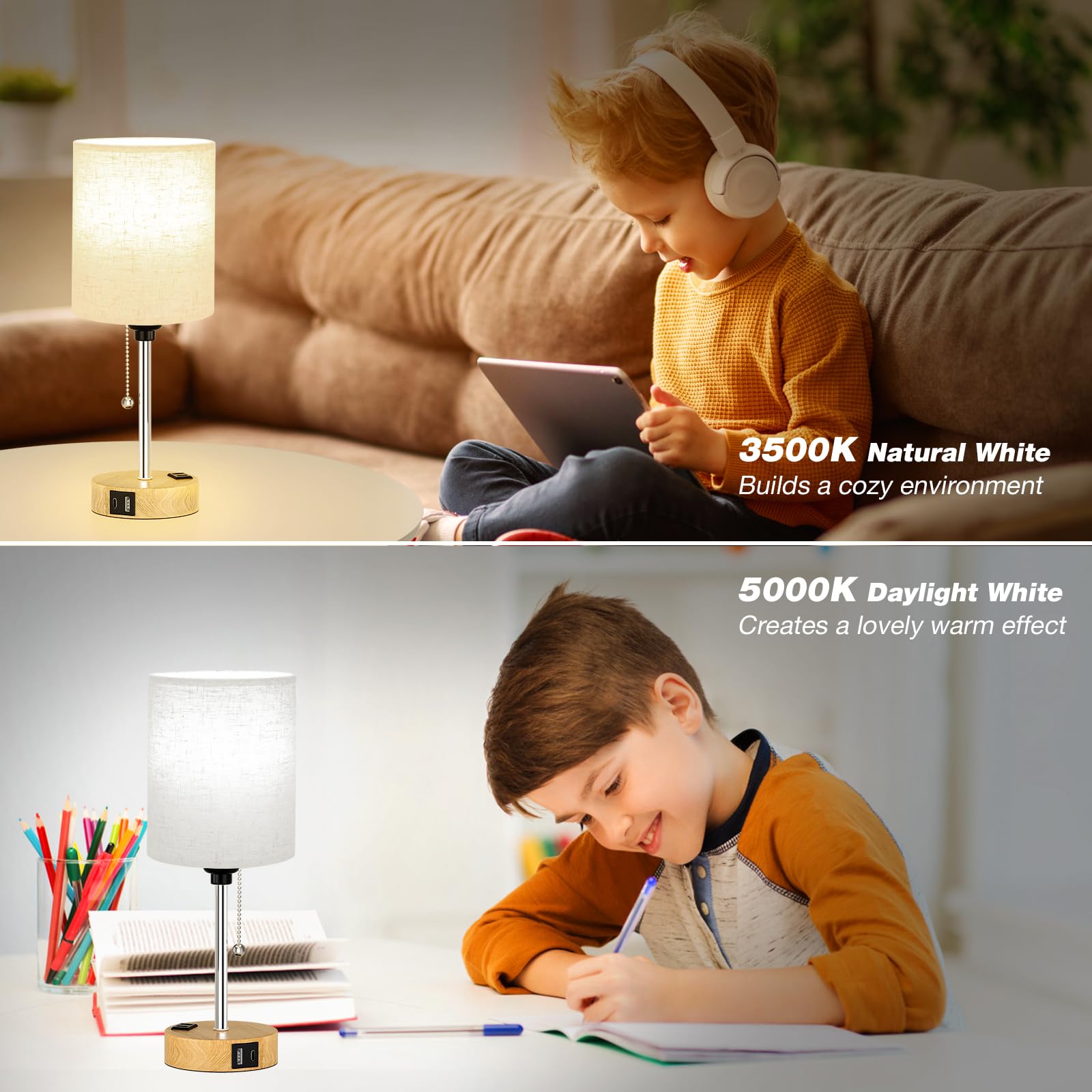 Lámpara de noche pequeña para mesita de noche de dormitorio, lámpara de mesa con puerto USB C y A, lámparas de cama de cadena con salida de CA, base de madera, luces de mesita de noche para lectura de 6