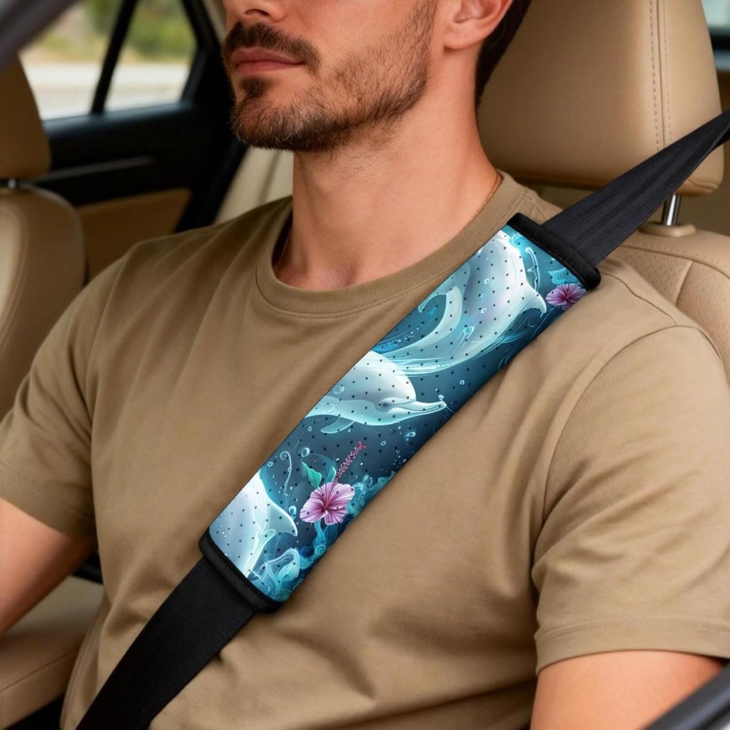 Car Seat Covers Front Seats Leather Universal Fit for Cars, Vans, Trucks, SUV, Set of 5 Car Seat Protector with Seatbelt Covers & Center Console Cover, Cute Dolphins Hibiscus Floral