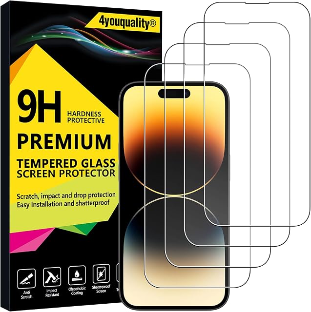 4youquality [4-Pack[Full Coverage] Screen Protector for iPhone 14 Pro (6.1-Inch), Tempered Glass Film, [LifetimeWarranty][Impact-Protection][Anti-Shatter][Anti-Scratch]