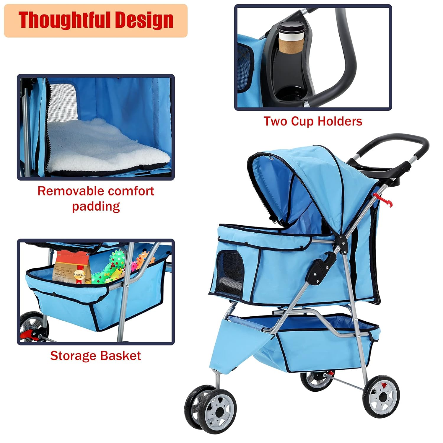 3 Wheels Pet Stroller for Dogs/Cats, Cat Dog Cage Stroller, Travel Folding Carrier with Removable Liner & Storage Basket & Cup Holder, for Small-Medium Dog, Cat - Blue : Pet Supplies