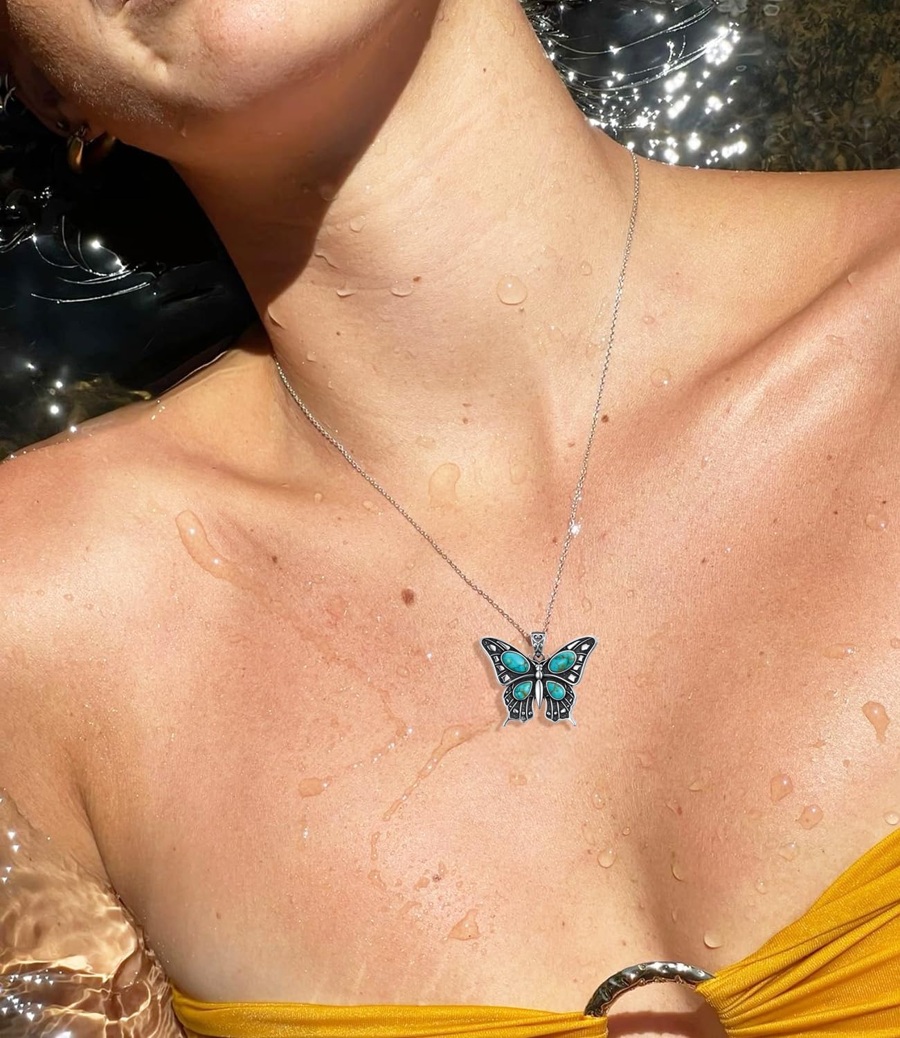 Genuine Turquoise Butterfly Pendant Necklace, Sterling Silver Vintage Native American Western Boho Gemstone Jewelry for Women - Image 6