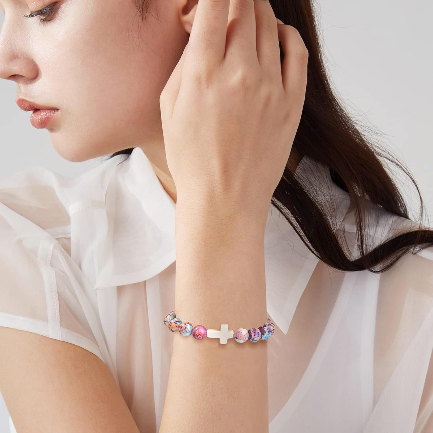 JoycuFF Christian Bracelets for Women Cross Bracelets for Religious Women Easter Catholic Natural Stone Bracelets Christian Jewelry Faith Communion Baptism Gifts - Image 2