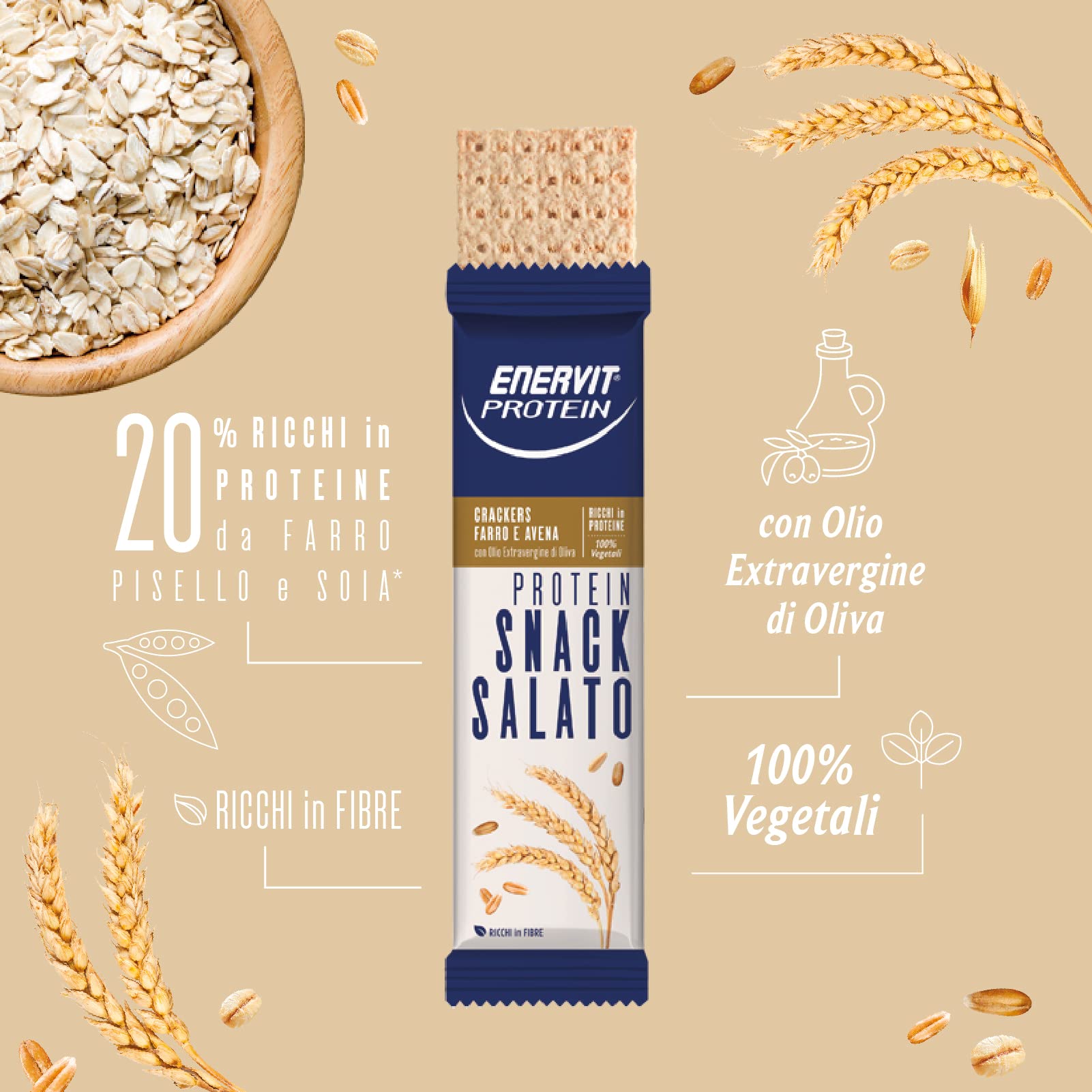 Enervit, Cracker Farro e Avena, Snack Salato Proteico, 100% Vegetale, Per uno Spuntino Proteico, 20% di Proteine, Ricchi in Fibre, con Olio Extra Vergine di Oliva, 7 Minipack Monodose da 24g