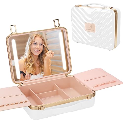 Kalolary Travel Makeup Train Cases with Lighted Mirror 3 Color Setting, Makeup Bag Cosmetic Case Organizer Adjustable Brightness Portable Makeup Storage Box For Makeup Brushes Accessories Tools,White
