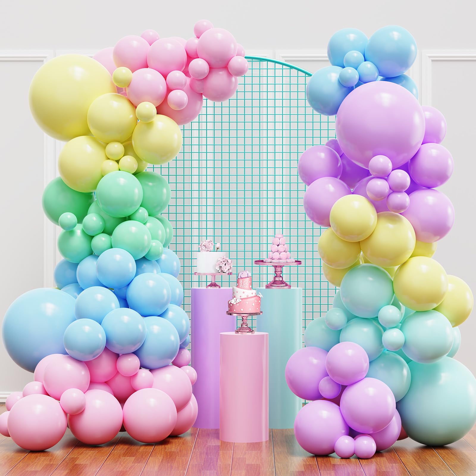 YMSZ Pastel Balloons, 136pcs Pastel Rainbow Balloon Arch Kit with Different Sizes, Multicolor Macaron Balloons for Birthday Rainbow Party Baby Shower
