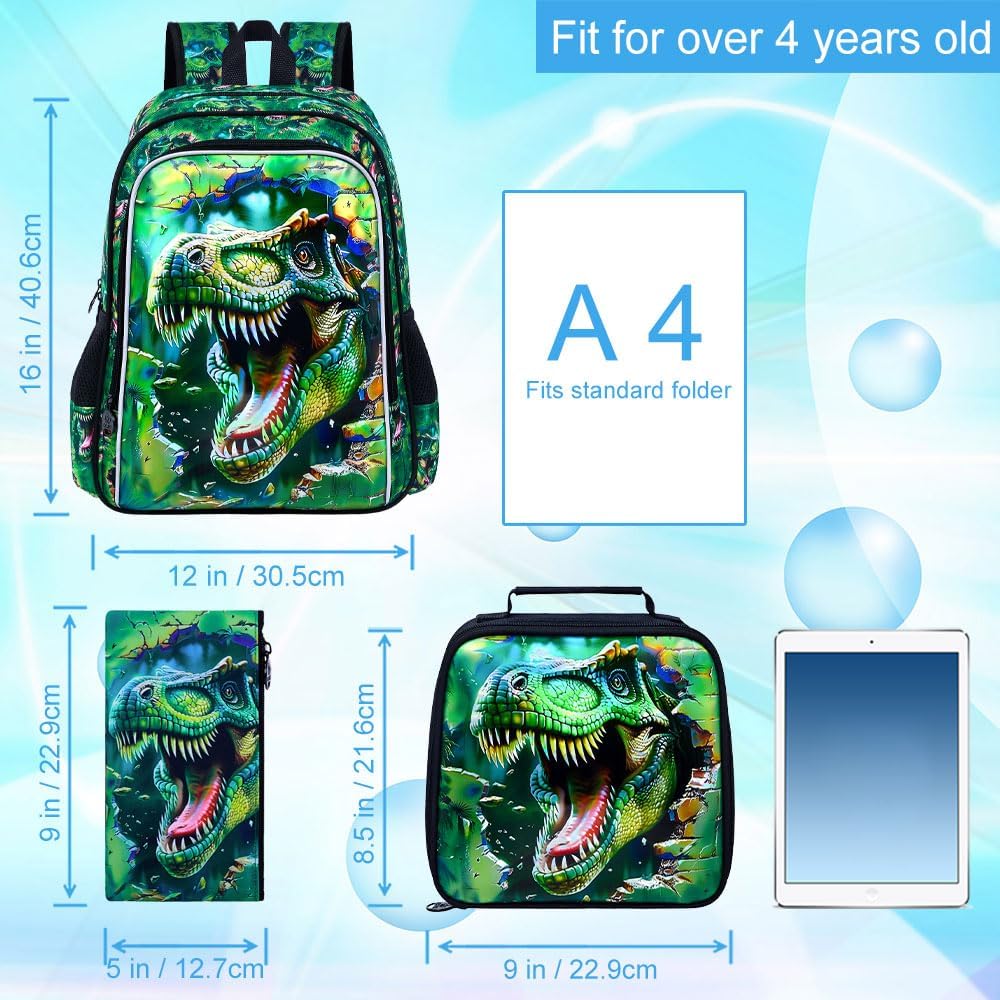 Dinosaur Backpack, 16" Boys Kids Bookbag with Lunch Box, 3Pcs Dino School Backpacks for Elementary Preschool Kindergarten (Green) - Image 5