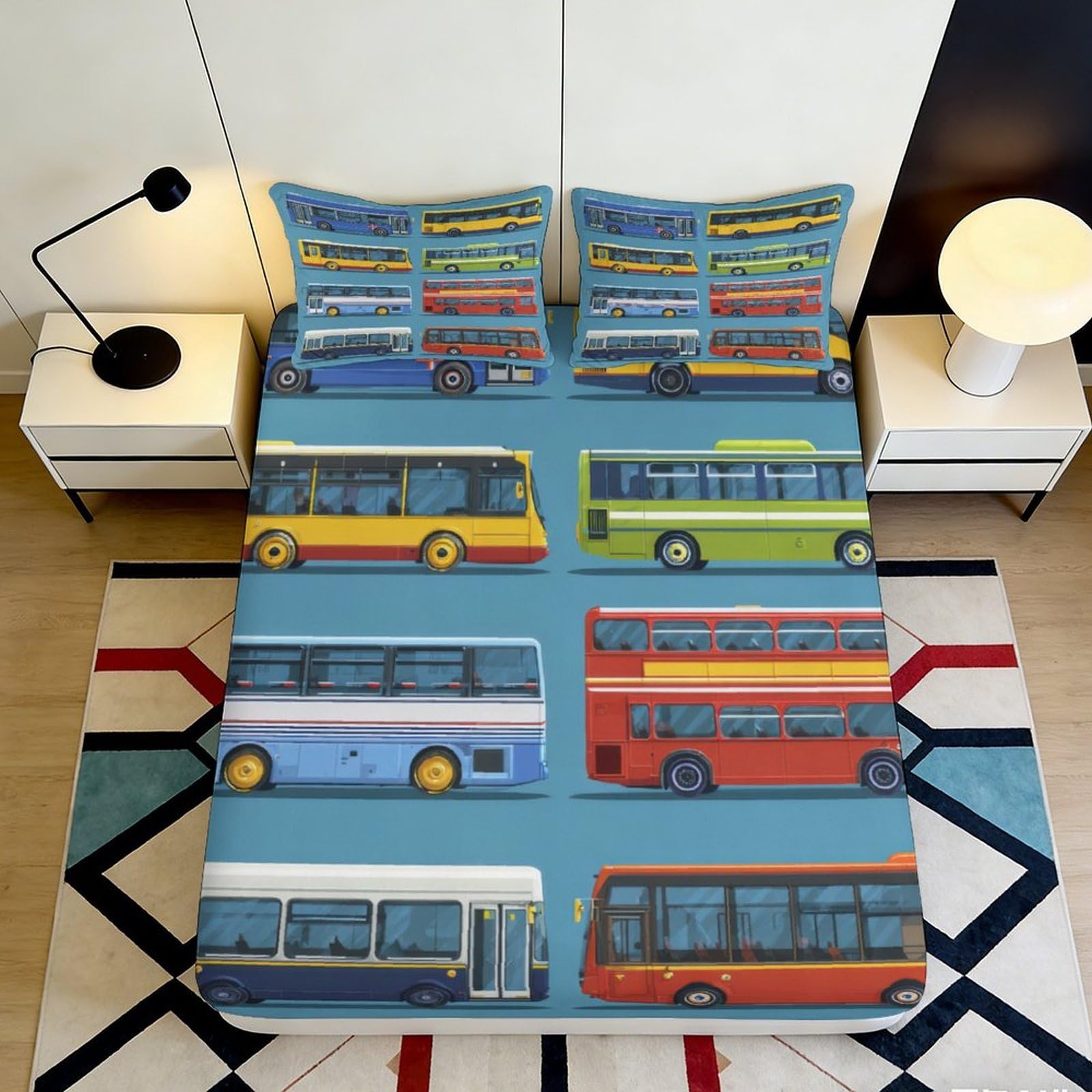 3D Printed Colorful Bus Fitted Sheet Microfiber Soft Breathable Cartoon Vehicle Bed Sheet for Bedroom Dorm Home Decor 90x200x25cm