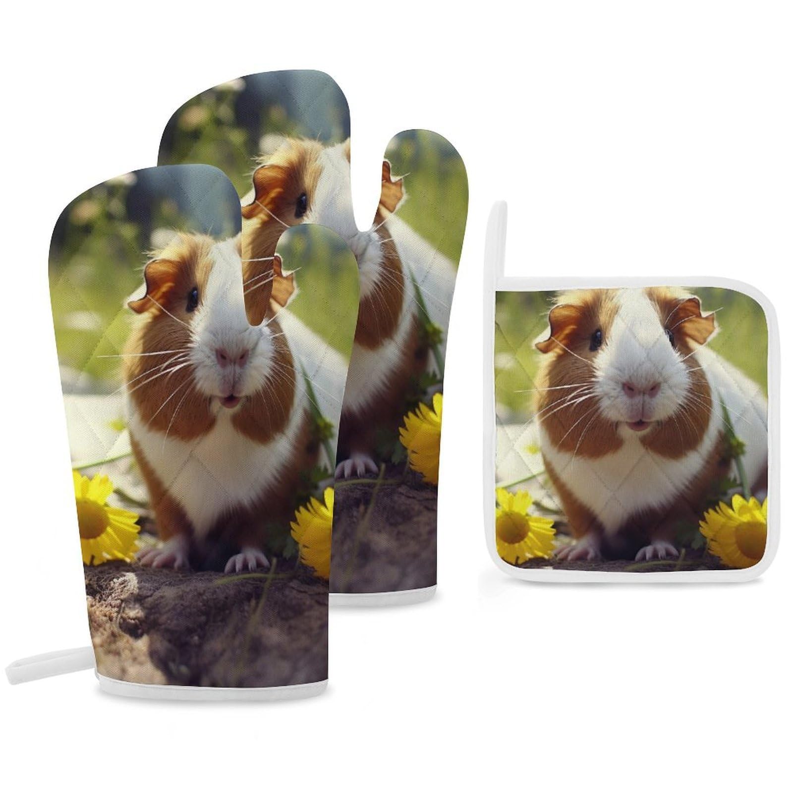 Oven Mitts And Pot Holders Sets of 3 Heat Resistant BBQ Gloves Guinea Pigs Funny Oven Mitts Gloves Non-Slip Kitchen Mittens Potholders for Cooking Baking Grilling BBQ Microwave
