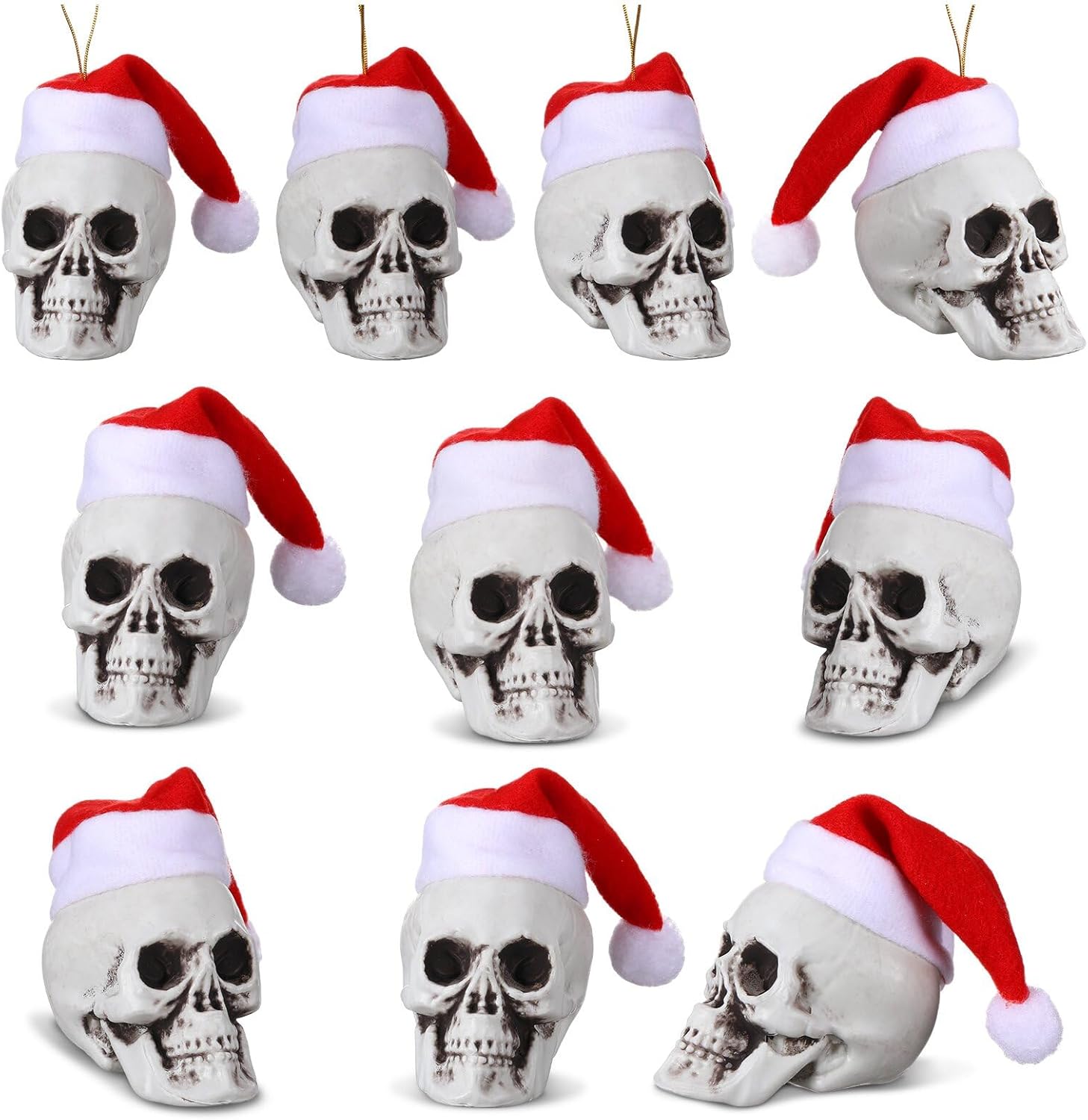 Lenwen 24 Pcs Mini Hanging Skull Heads Santa Hat Halloween Skeleton Head Tree Ornament Decorations for Holiday Party Xmas Tree Decor (2.16 Inch)
