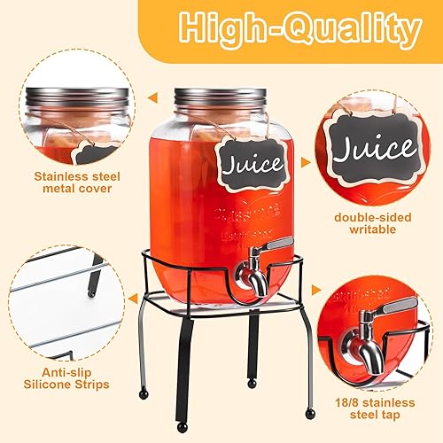 Miniatura 4 de Paquete de 2 dispensadores de bebidas de vidrio de 1 galón para fiestas, dispensador de bebidas con soporte, espita de acero inoxidable 188 a prueba