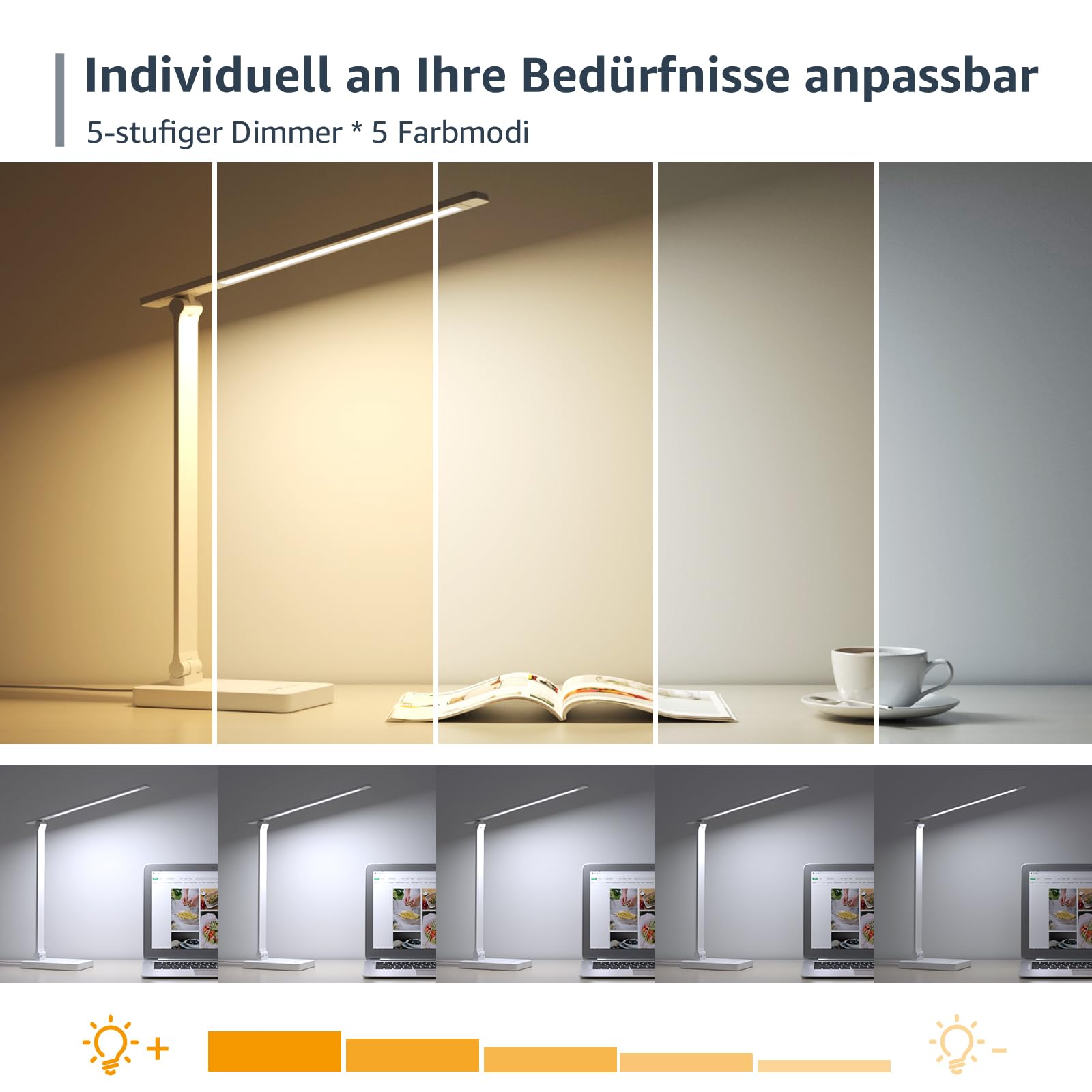 Lepro Schreibtischlampe, LED Tischlampe Dimmbar, Nachttischlampe 800LM 3 Farben und 5 Helligkeitsstufen, Tageslichtlampe Augenschutz, Tischleuchte, Schreibtisch Lampe für Kinder, Büro, Weiß