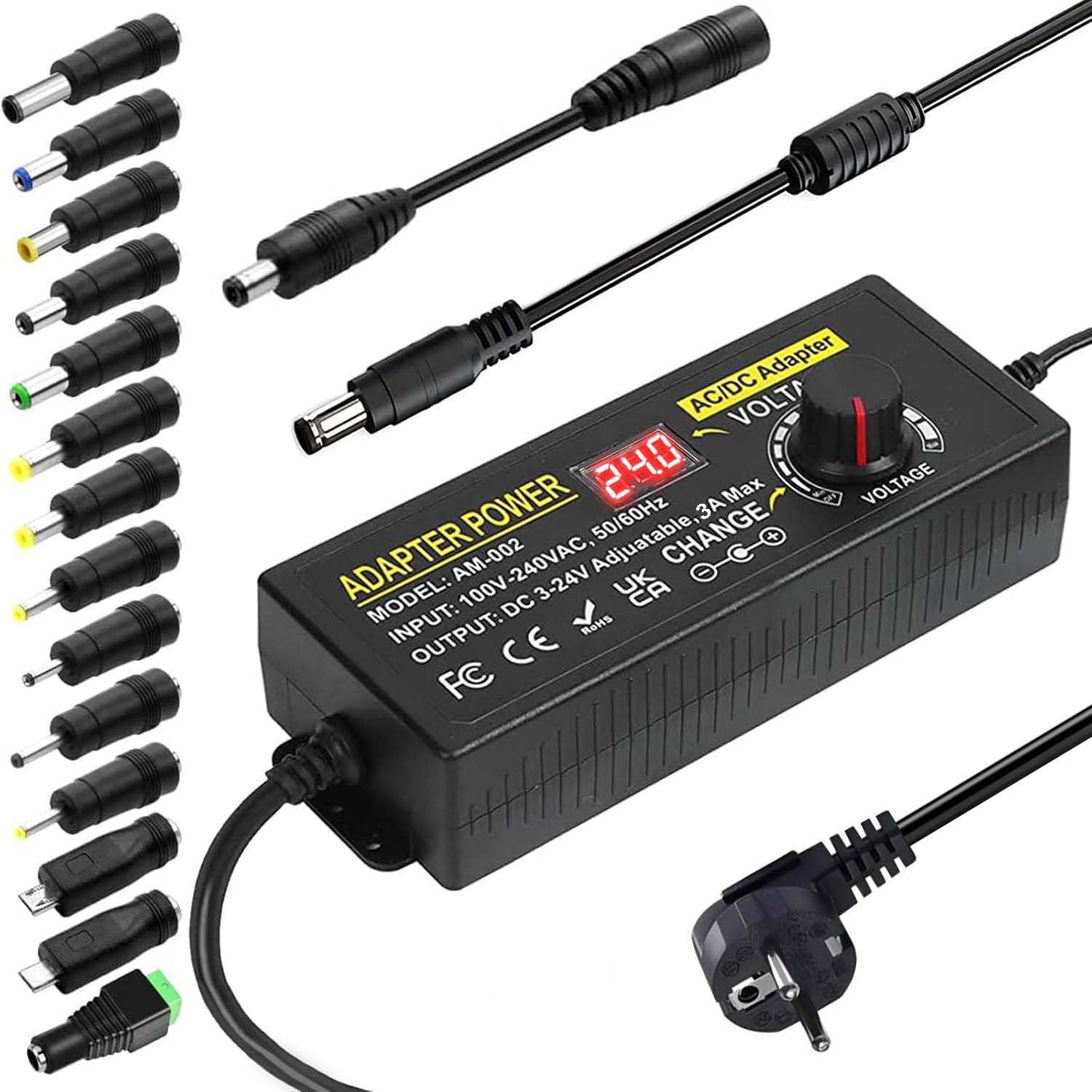 3V-24V Einstellbares Netzteil Universal Netzteiladapter 3A 72W Verstellbarer Netzadapter 100V-240V AC to DC mit LED Spannungsanzeige und 5,5x2,5mm 14 Tipps für Haushaltselektronik, DC Motor 3A Max