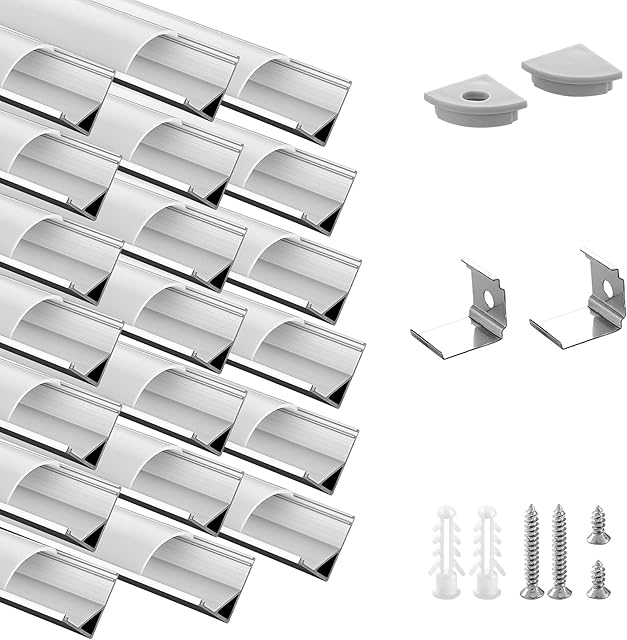 20 Pack 3.3ft/1Meter V Shape LED Aluminum Channel System with Milky Cover, End Caps and Mounting Clips, 1M Aluminum Profile for LED Strip Light Installations, Very Easy Installation