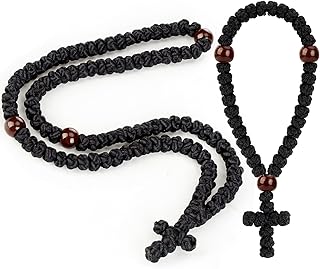 Quelay 2 Pcs Handmade Orthodox Prayer Rope 100 Knot and Christian 33 Knot Prayer Bracelet Easter Greek Orthodox Gifts Protection Blessing Cross Charm Tassel Car Hanging Charm(Black,Classic Style)