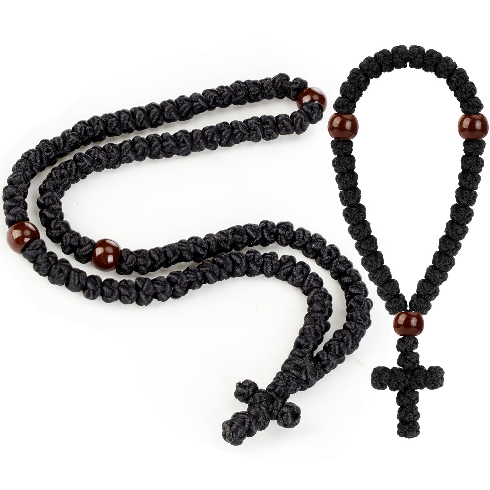 Quelay 2 Pcs Handmade Orthodox Prayer Rope 100 Knot and Christian 33 Knot Greek Prayer Bracelet Protection Blessing Cross Charm Tassel Car Hanging Charm Gift(Black,Classic Style)