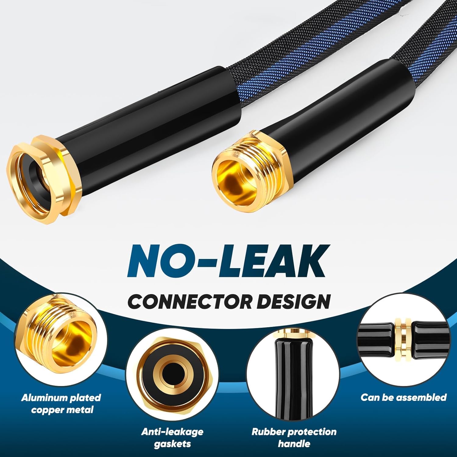 Garden Hose 100ft, Non-Expanding Water Hose, 8 Function Nozzle, Flexible Ultra-Light, Anti-Kink, Wear-Resistant, Portable, Easy Storage, Hose with 3/4 for Outdoor, Garden, Yard, Black Dark Blue